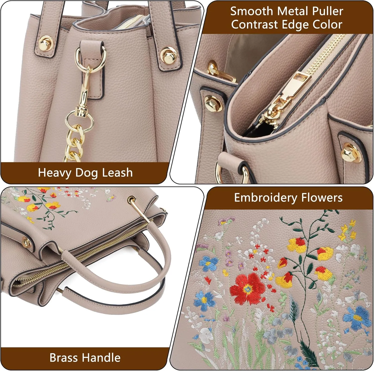 Designer Tote Bag for Women Vegan Leather Floral Embroidery Medium Shoulder Bag Work Travel