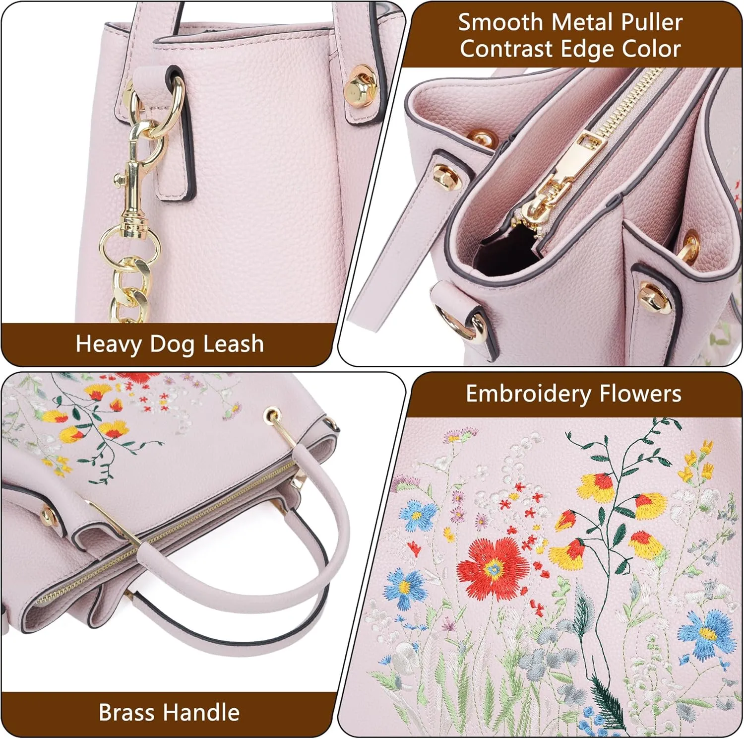Designer Tote Bag for Women Vegan Leather Floral Embroidery Medium Shoulder Bag Work Travel