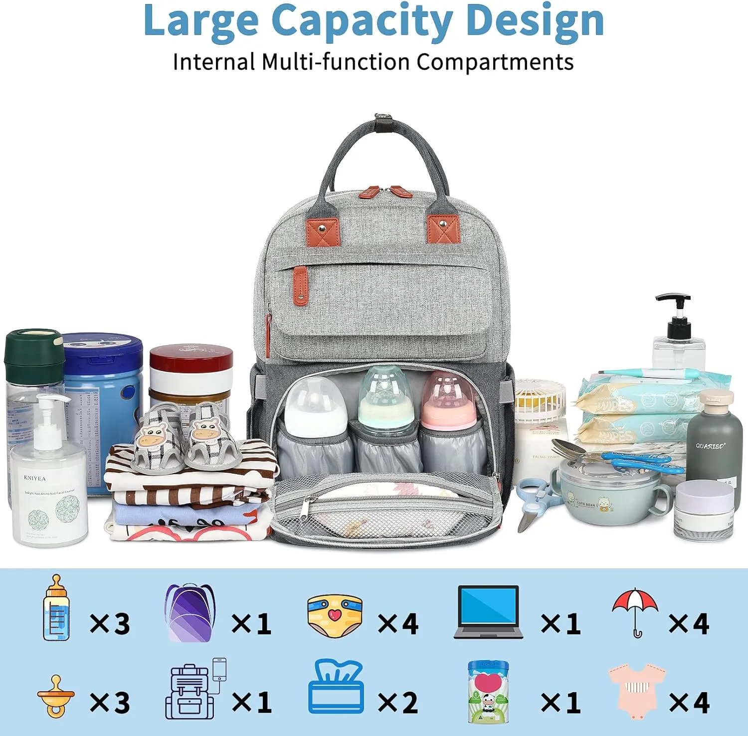 Diaper Backpack,Roomy Baby nappy bag with Insulated Pockets and Stroller Straps for boy and girl, Large diaper backpack gift for dad and mom for work travel and holiday, Gray