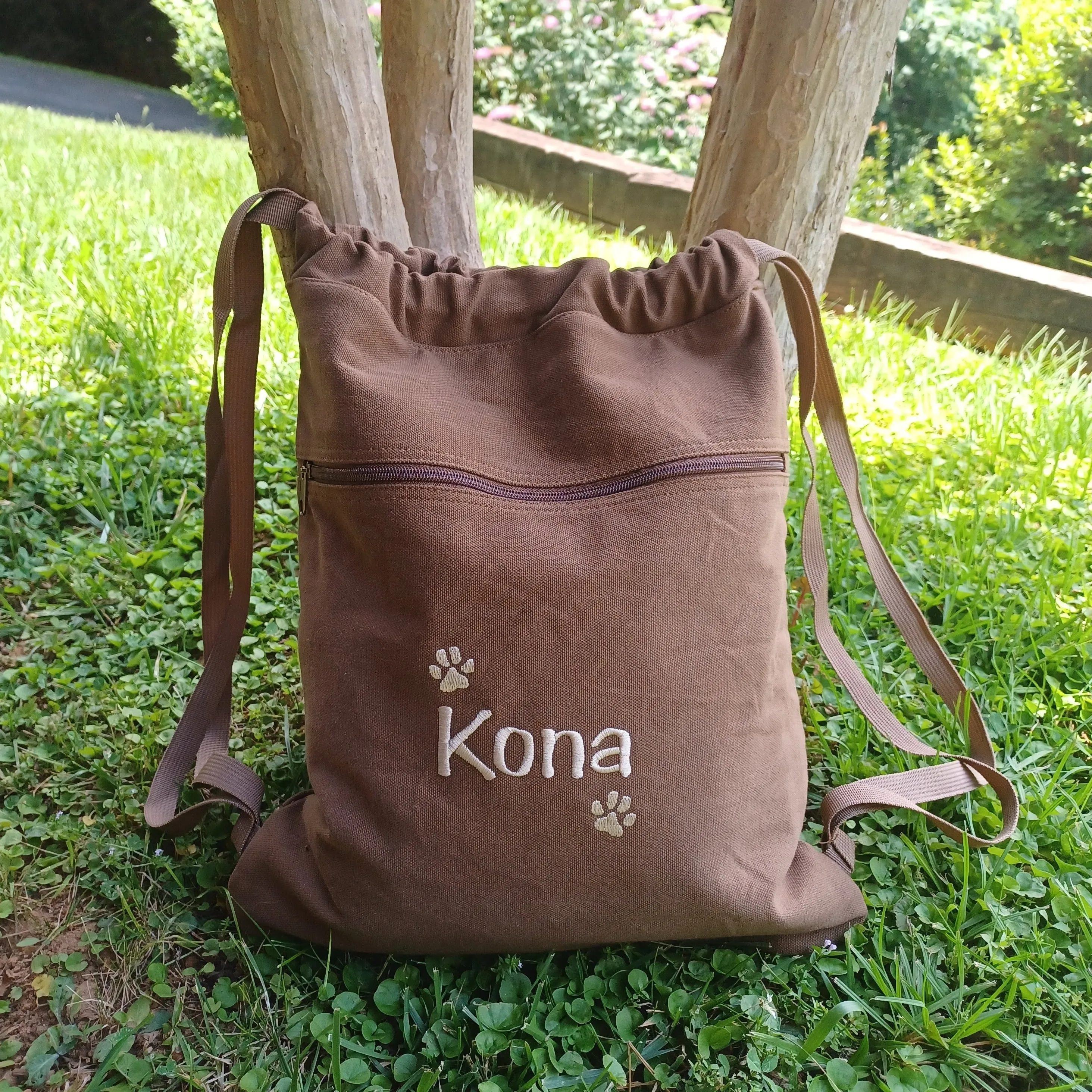 Dog Travel Drawstring Cinch Bag with Name and Paw Prints