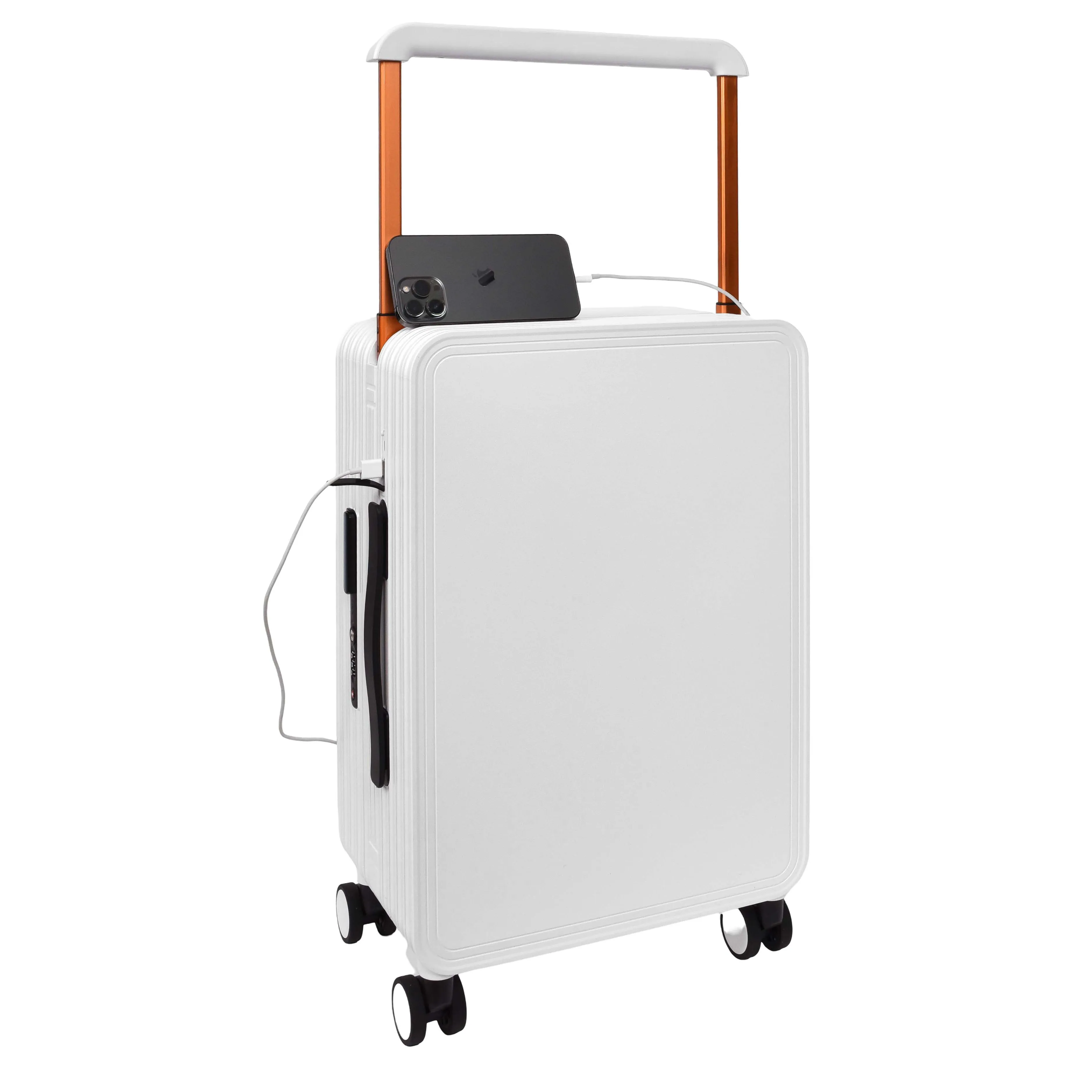 DR698 Cabin Size USB Port Suitcase Four Wheels Hard Shell Smart Luggage White