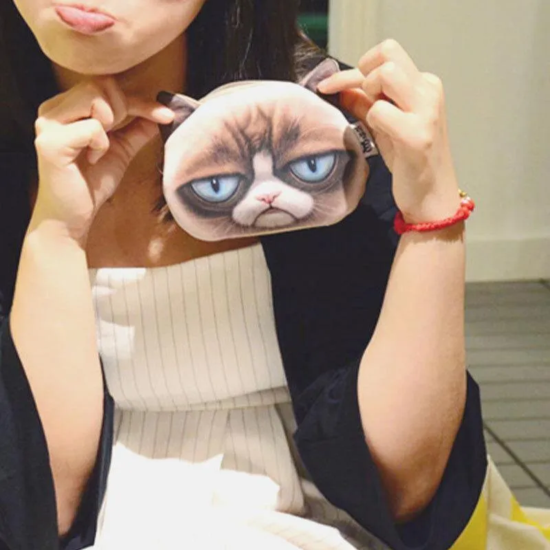 elvesmall Women Cartoon 3D Cat Head Personality Cute Small Storage Bag Coin Bag