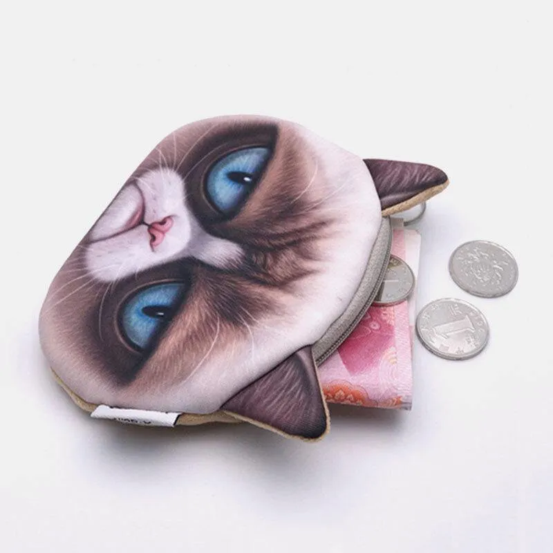 elvesmall Women Cartoon 3D Cat Head Personality Cute Small Storage Bag Coin Bag