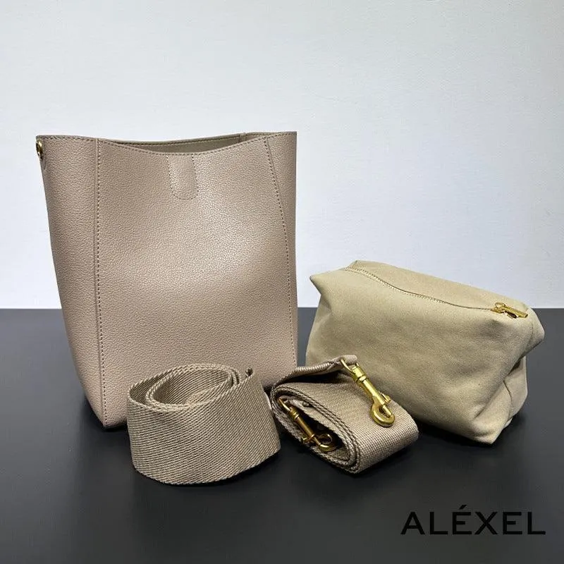 Extra Large Genuine Leather Bucket Bag, Minimalist Classic Leather Tote Bag, Fashion Designer Shoulder Bag Wide Strap, Gift For Her