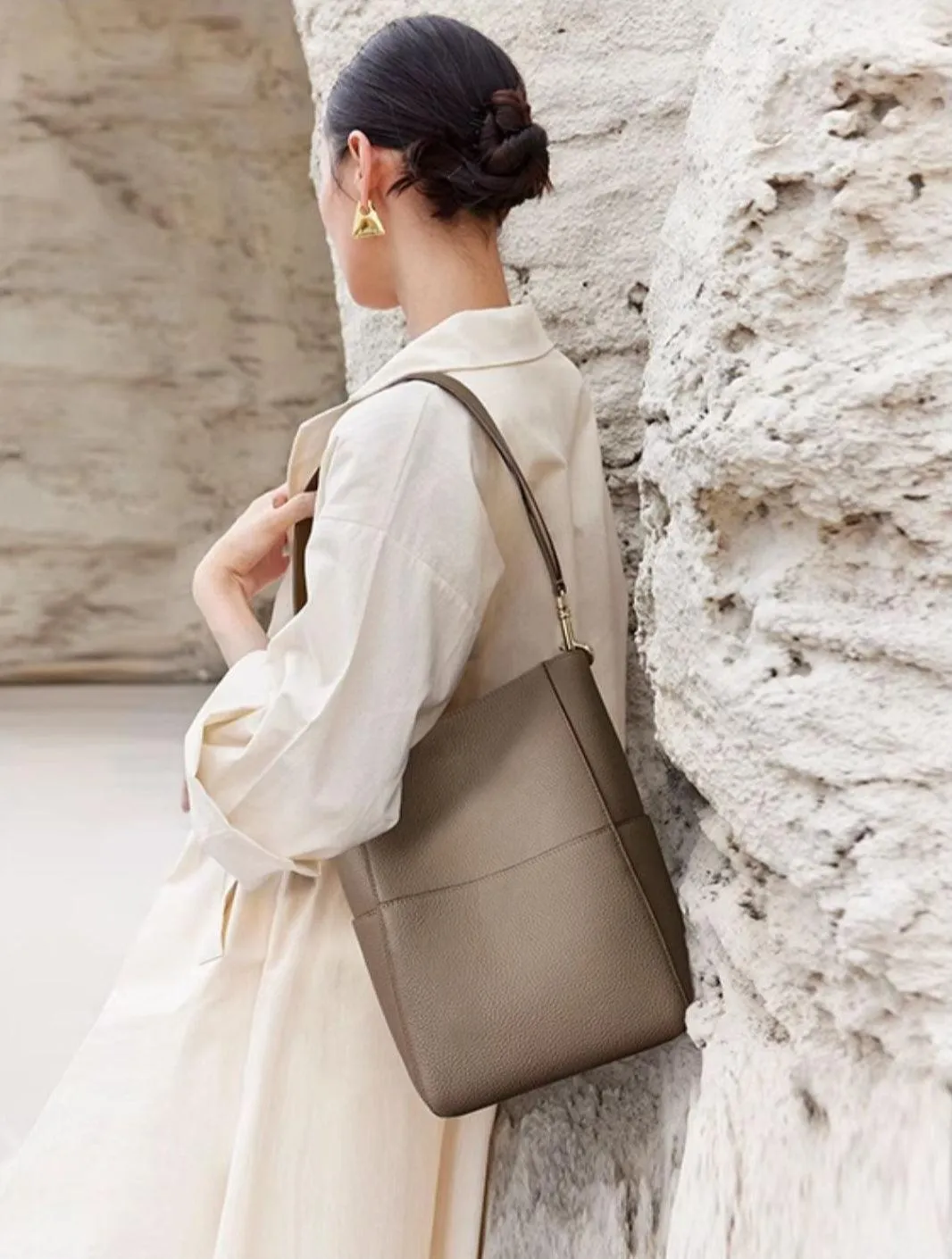 Extra Large Genuine Leather Bucket Bag, Minimalist Classic Leather Tote Bag, Fashion Designer Shoulder Bag Wide Strap, Gift For Her