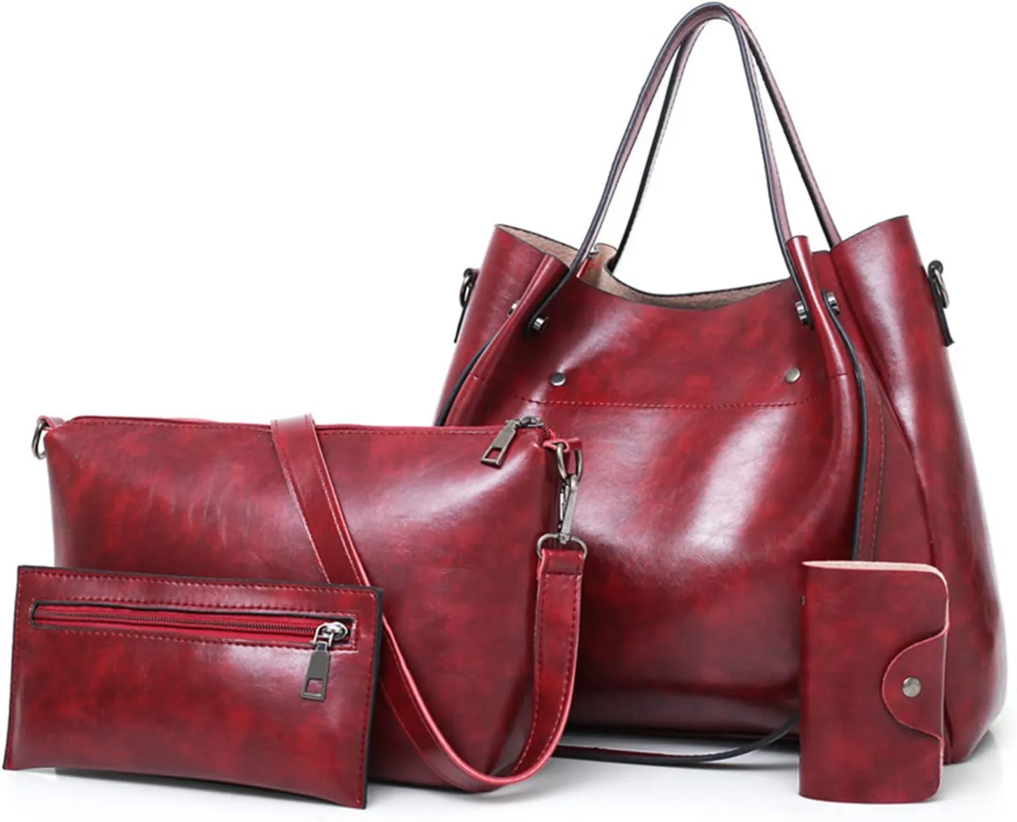 FANDARE Retro Women's Handbags 4-Piece Set Bucket Bag Shoulder Bags Waterproof Handbag PU Leather Shoulder Bags for Travel Shopping Work Date, Red-wine, Retro