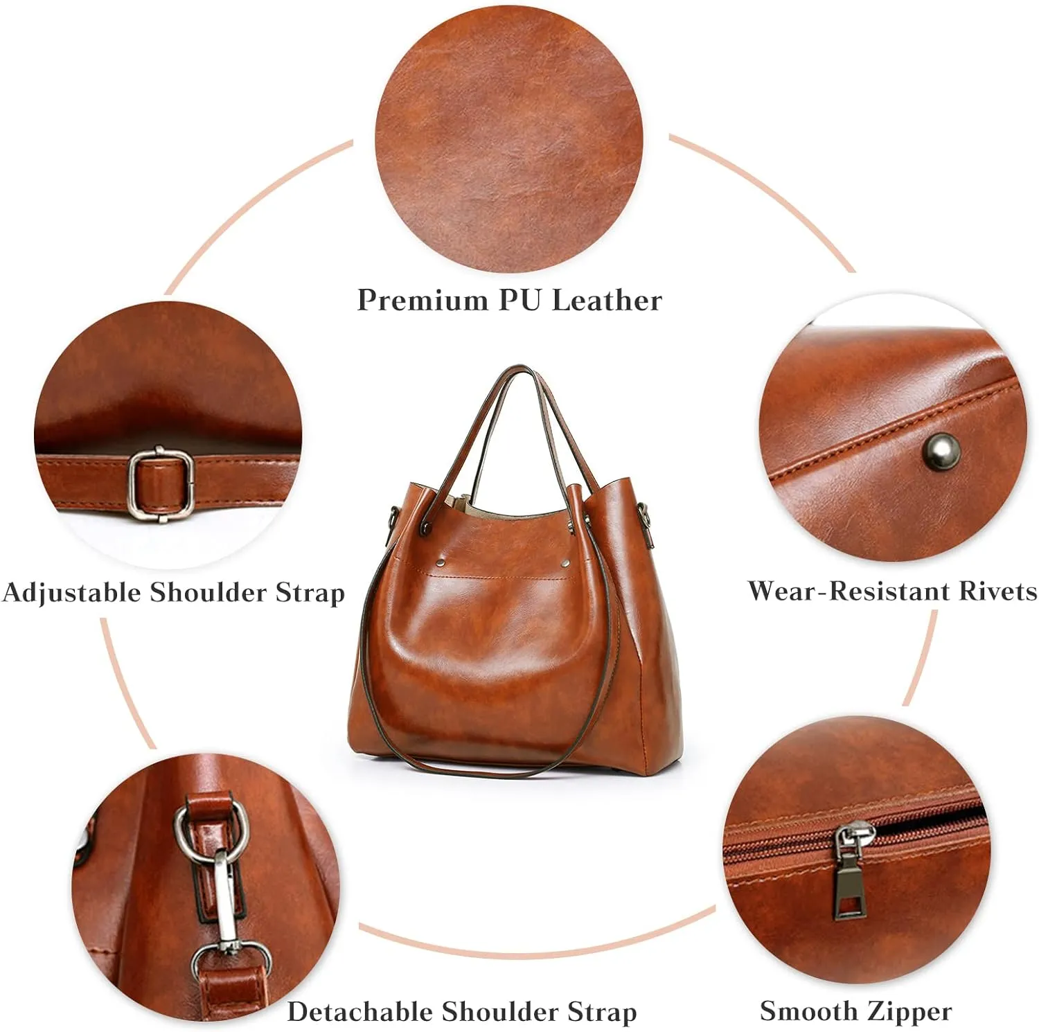 FANDARE Retro Women's Handbags 4-Piece Set Bucket Bag Shoulder Bags Waterproof Handbag PU Leather Shoulder Bags for Travel Shopping Work Date, Red-wine, Retro