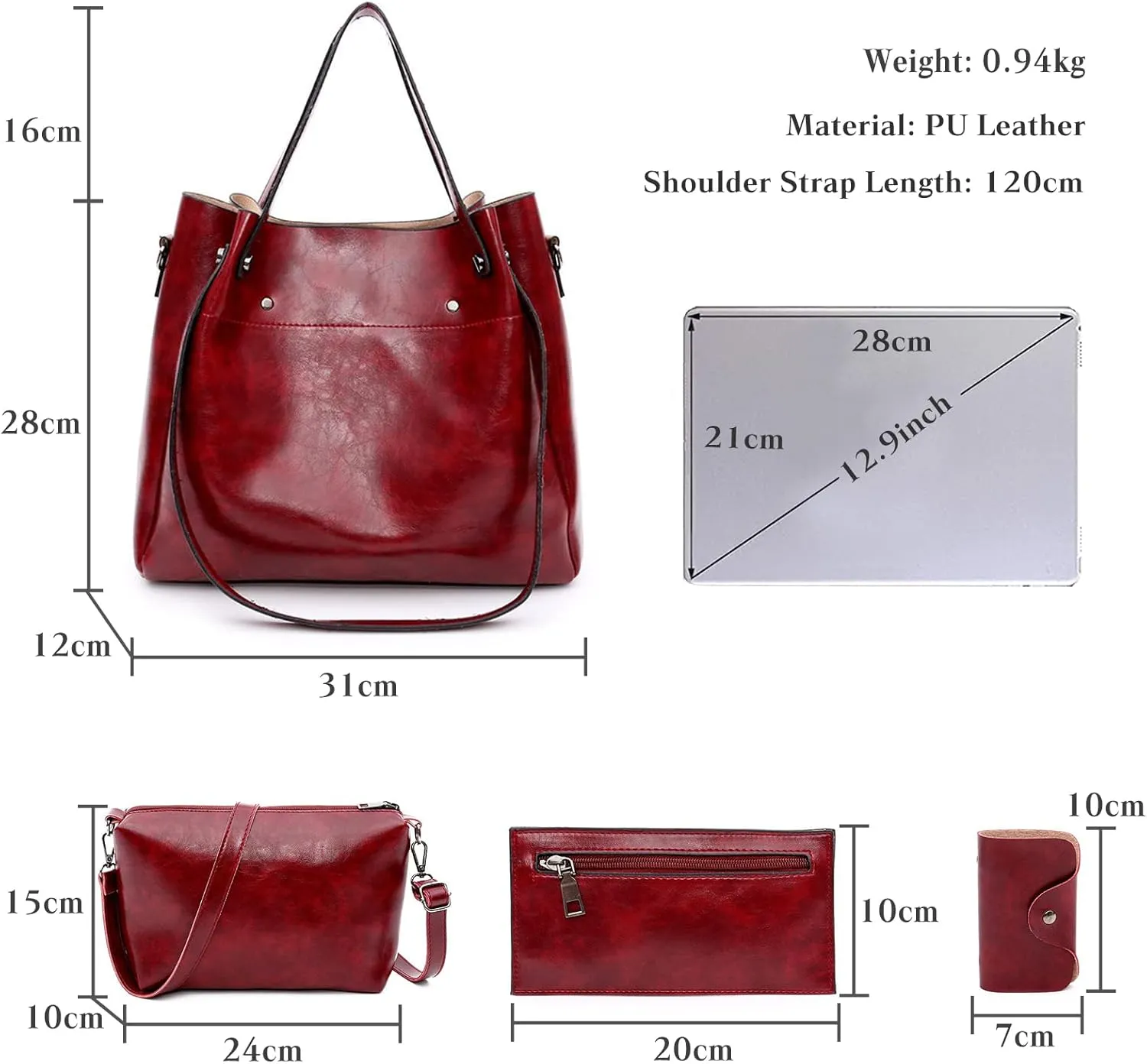 FANDARE Retro Women's Handbags 4-Piece Set Bucket Bag Shoulder Bags Waterproof Handbag PU Leather Shoulder Bags for Travel Shopping Work Date, Red-wine, Retro