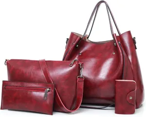 FANDARE Retro Women's Handbags 4-Piece Set Bucket Bag Shoulder Bags Waterproof Handbag PU Leather Shoulder Bags for Travel Shopping Work Date, Red-wine, Retro