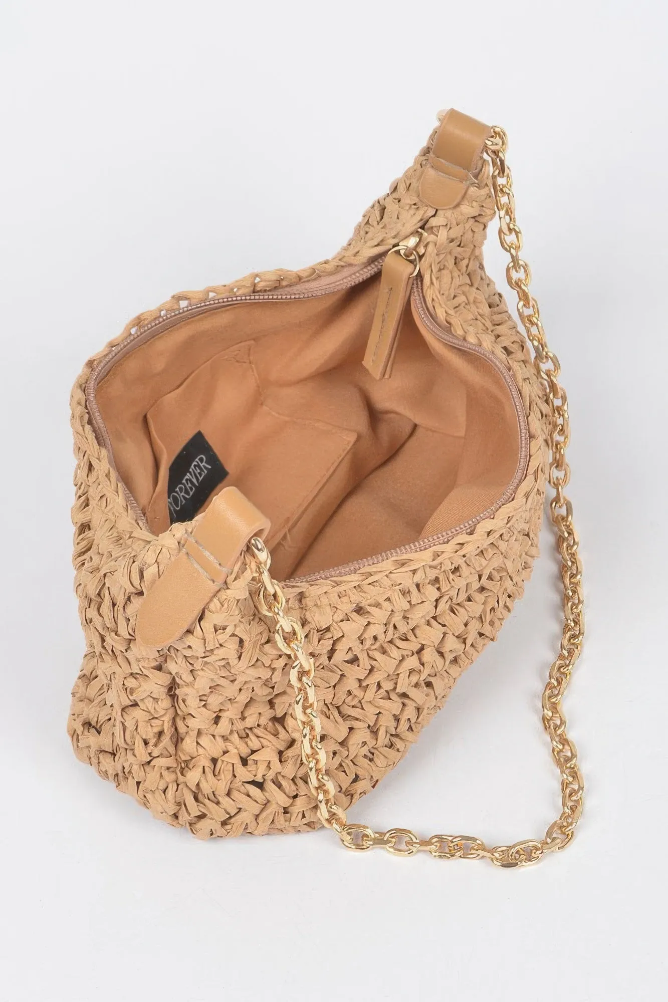 Faux Straw Zip Chain Shoulder Clutch