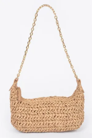 Faux Straw Zip Chain Shoulder Clutch