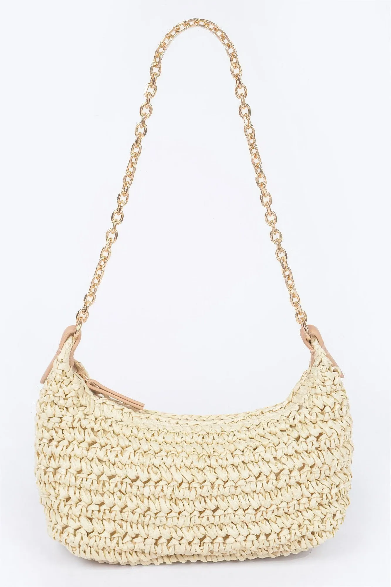 Faux Straw Zip Chain Shoulder Clutch