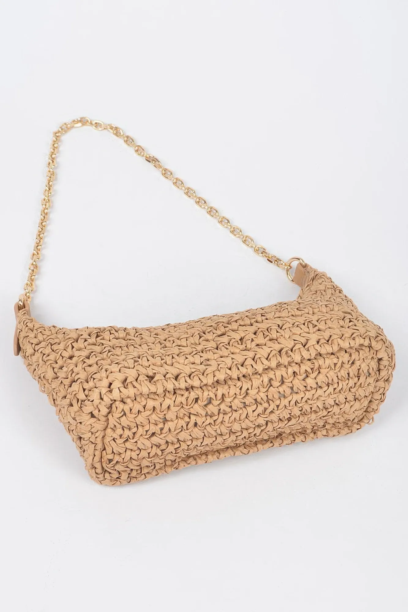 Faux Straw Zip Chain Shoulder Clutch