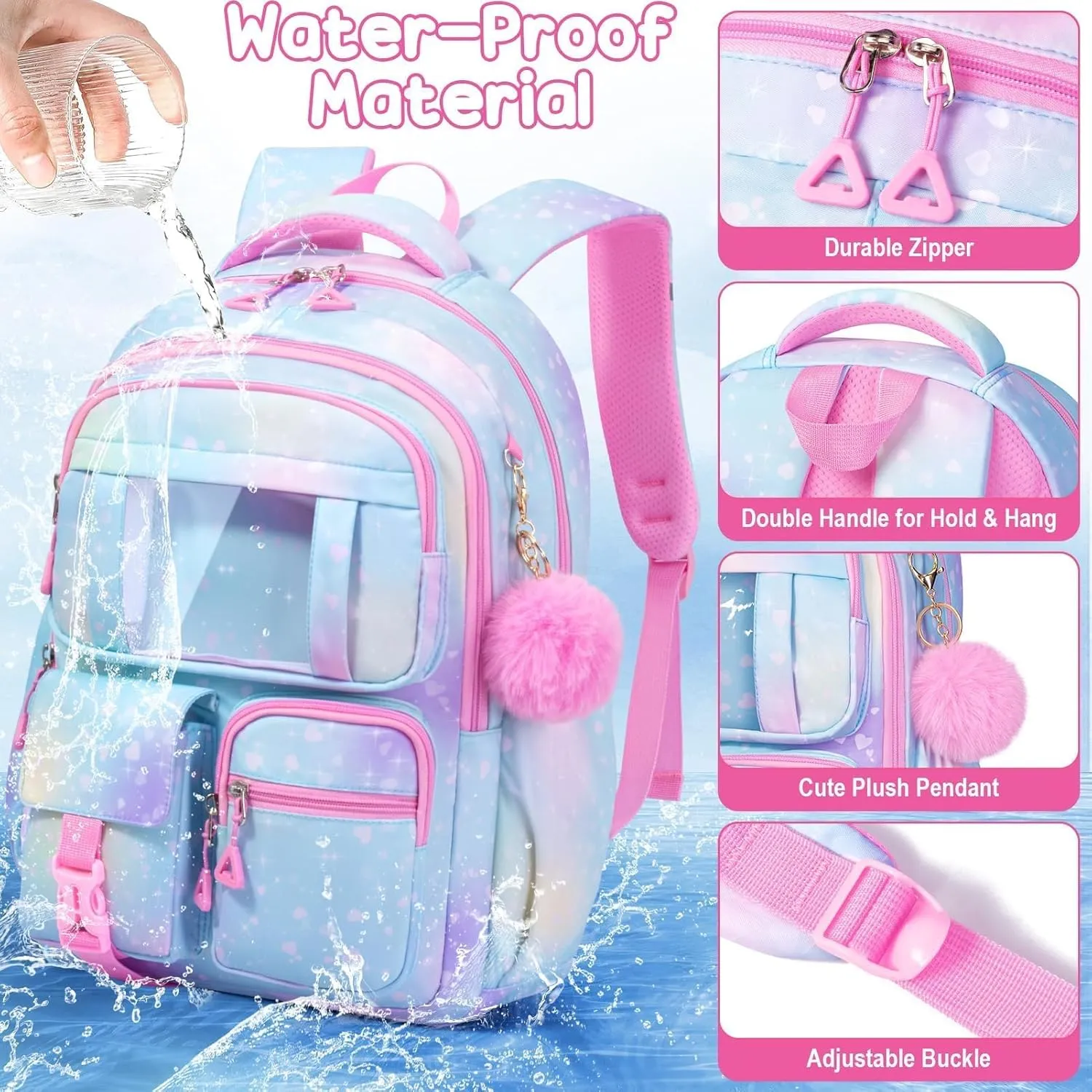 Fimibuke Kids Backpack for School Girls, 3Pcs Waterproof Girls Backpack with Lunch Box & Pencil Pouch - Lightweight School Backpack Bookbag for Elementary Middle School Student Teens Ages 6  Purple
