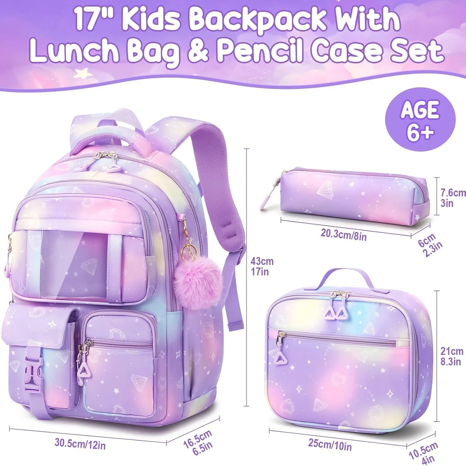 Fimibuke Kids Backpack for School Girls, 3Pcs Waterproof Girls Backpack with Lunch Box & Pencil Pouch - Lightweight School Backpack Bookbag for Elementary Middle School Student Teens Ages 6  Purple