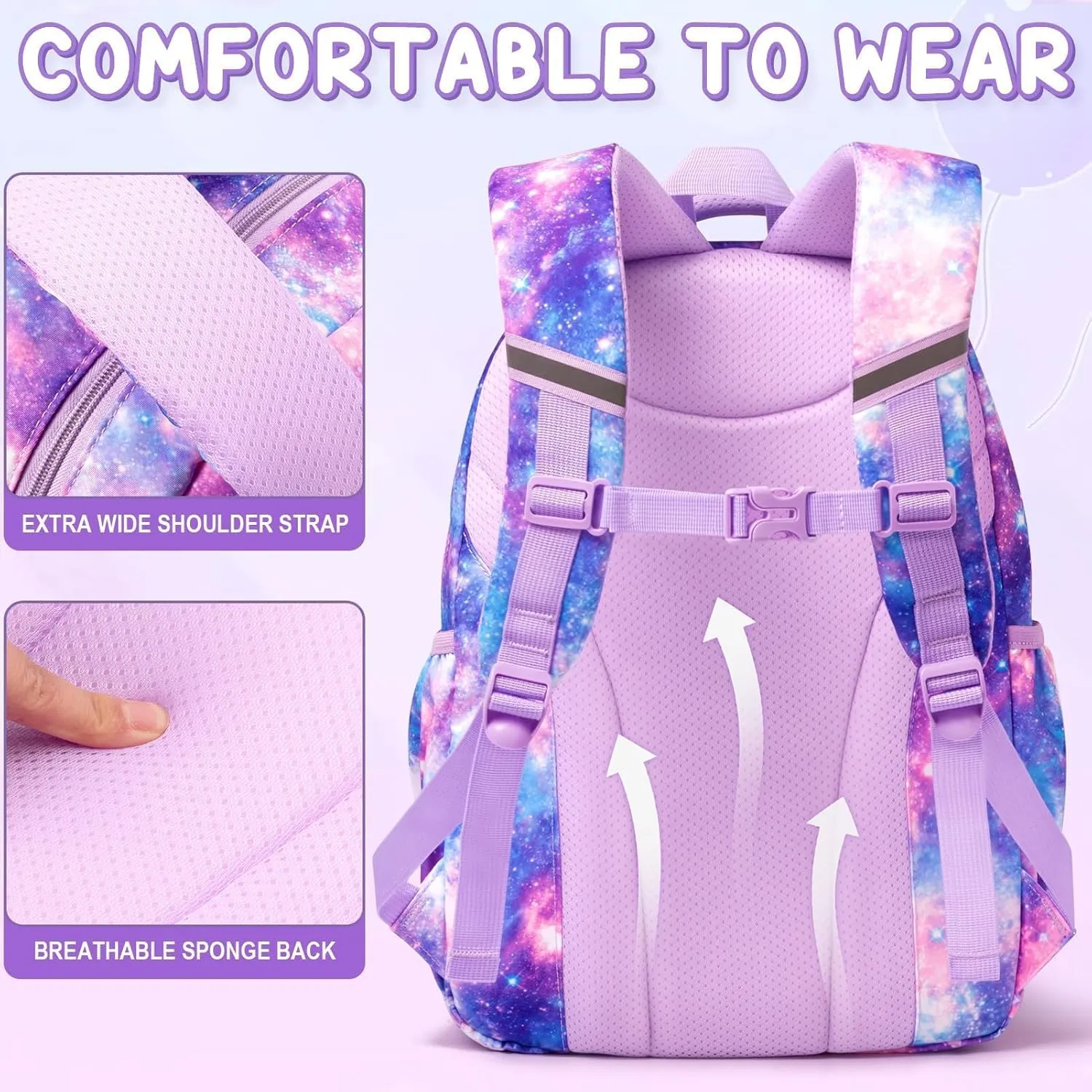 Fimibuke Kids Backpack for School Girls, 3Pcs Waterproof Girls Backpack with Lunch Box & Pencil Pouch - Lightweight School Backpack Bookbag for Elementary Middle School Student Teens Ages 6  Purple