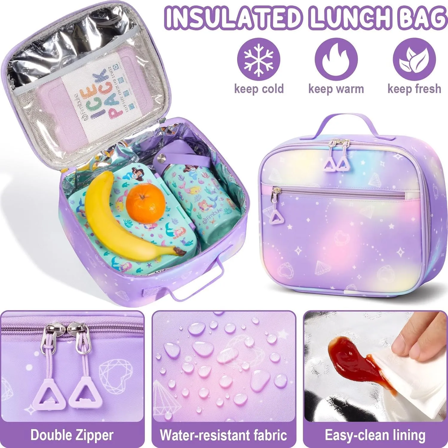 Fimibuke Kids Backpack for School Girls, 3Pcs Waterproof Girls Backpack with Lunch Box & Pencil Pouch - Lightweight School Backpack Bookbag for Elementary Middle School Student Teens Ages 6  Purple