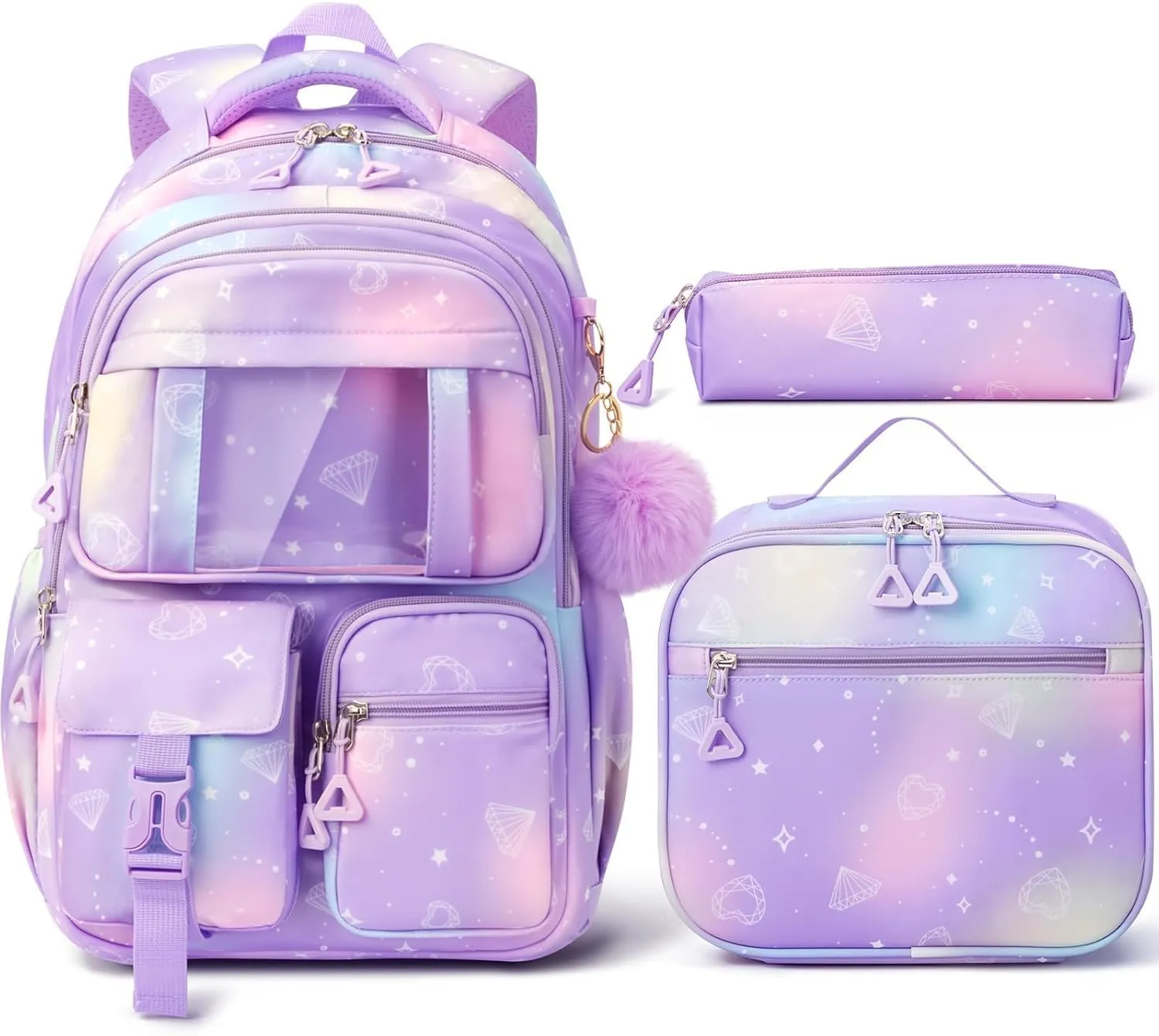 Fimibuke Kids Backpack for School Girls, 3Pcs Waterproof Girls Backpack with Lunch Box & Pencil Pouch - Lightweight School Backpack Bookbag for Elementary Middle School Student Teens Ages 6  Purple