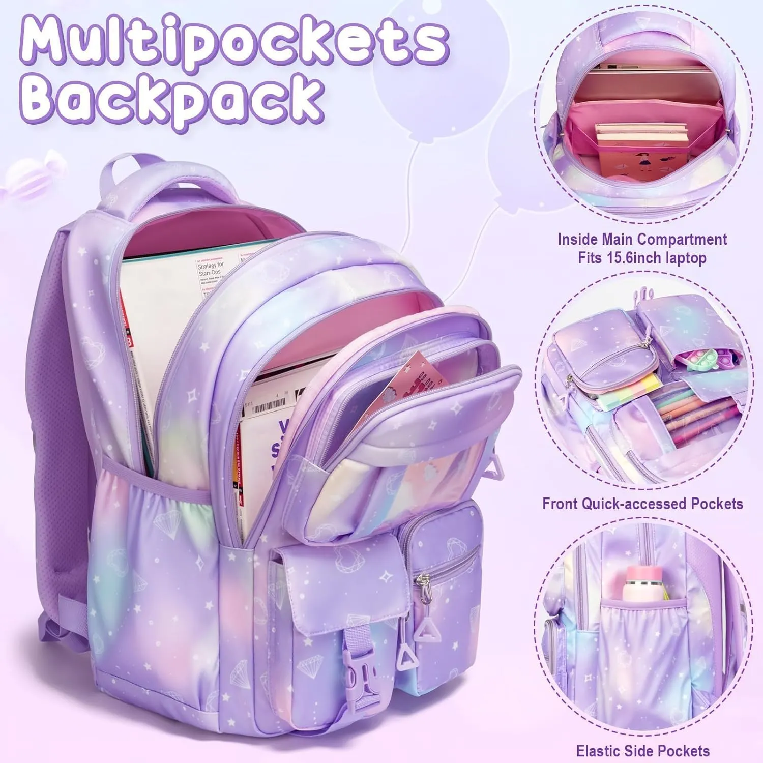 Fimibuke Kids Backpack for School Girls, 3Pcs Waterproof Girls Backpack with Lunch Box & Pencil Pouch - Lightweight School Backpack Bookbag for Elementary Middle School Student Teens Ages 6  Purple