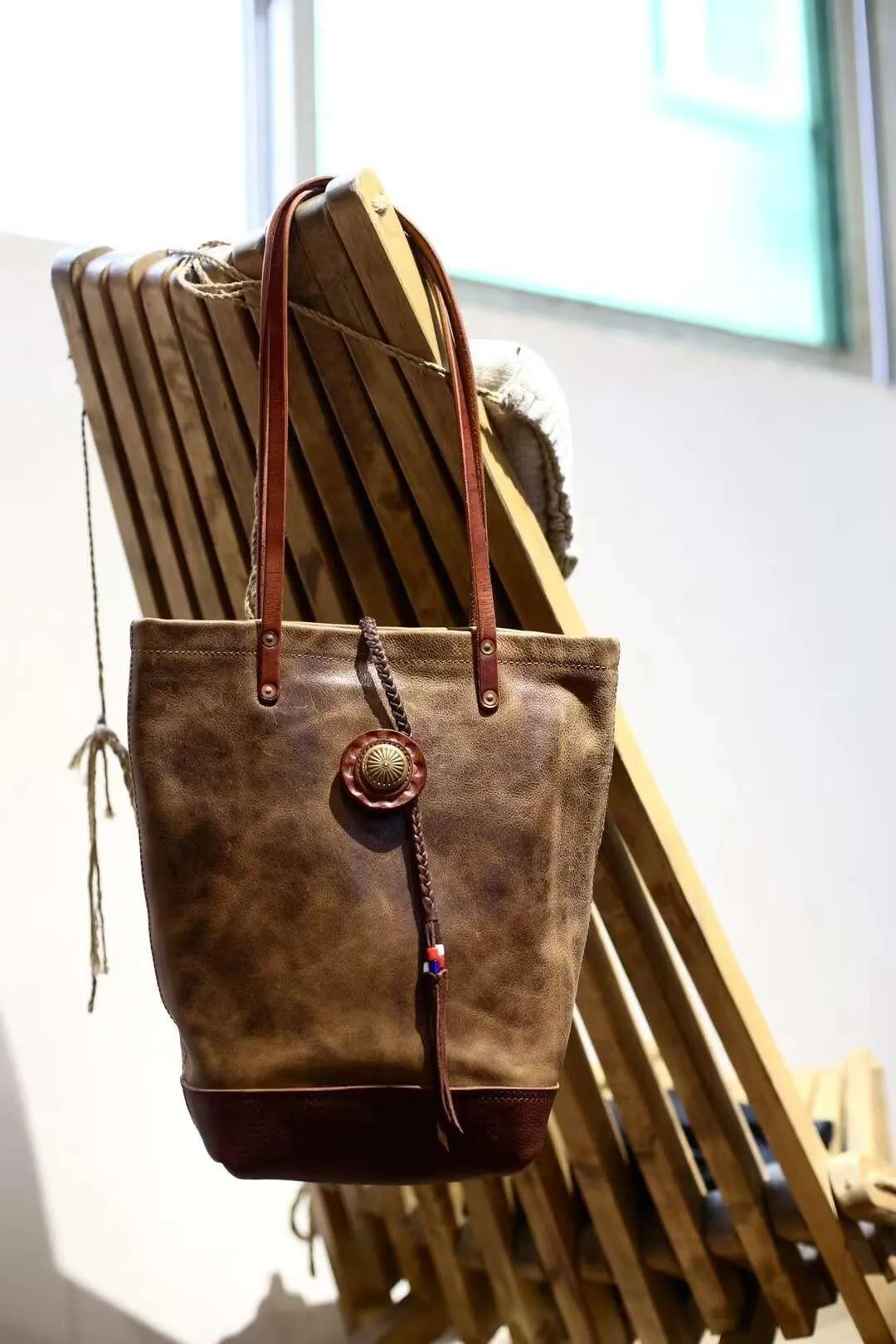 Full Grain Leather Bohemian Shoulder Bag Tote Bag Handmade Leather Bucket Bag, Ethnic Bag Women/Men Bag, Brown Black Leather Bag,