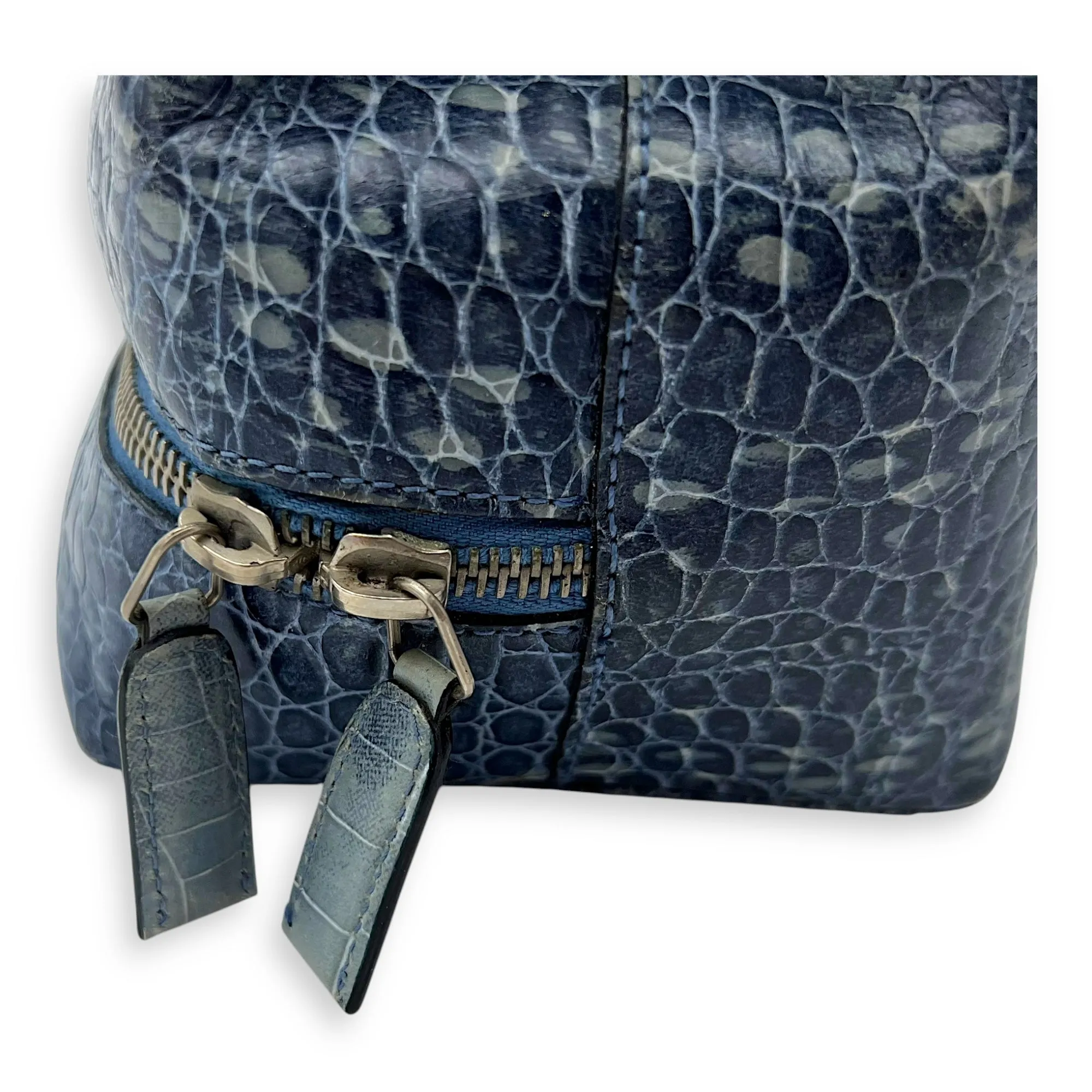 Gancini Top Handle Bag Blue in Python Embossed Calfskin, Silver hardware