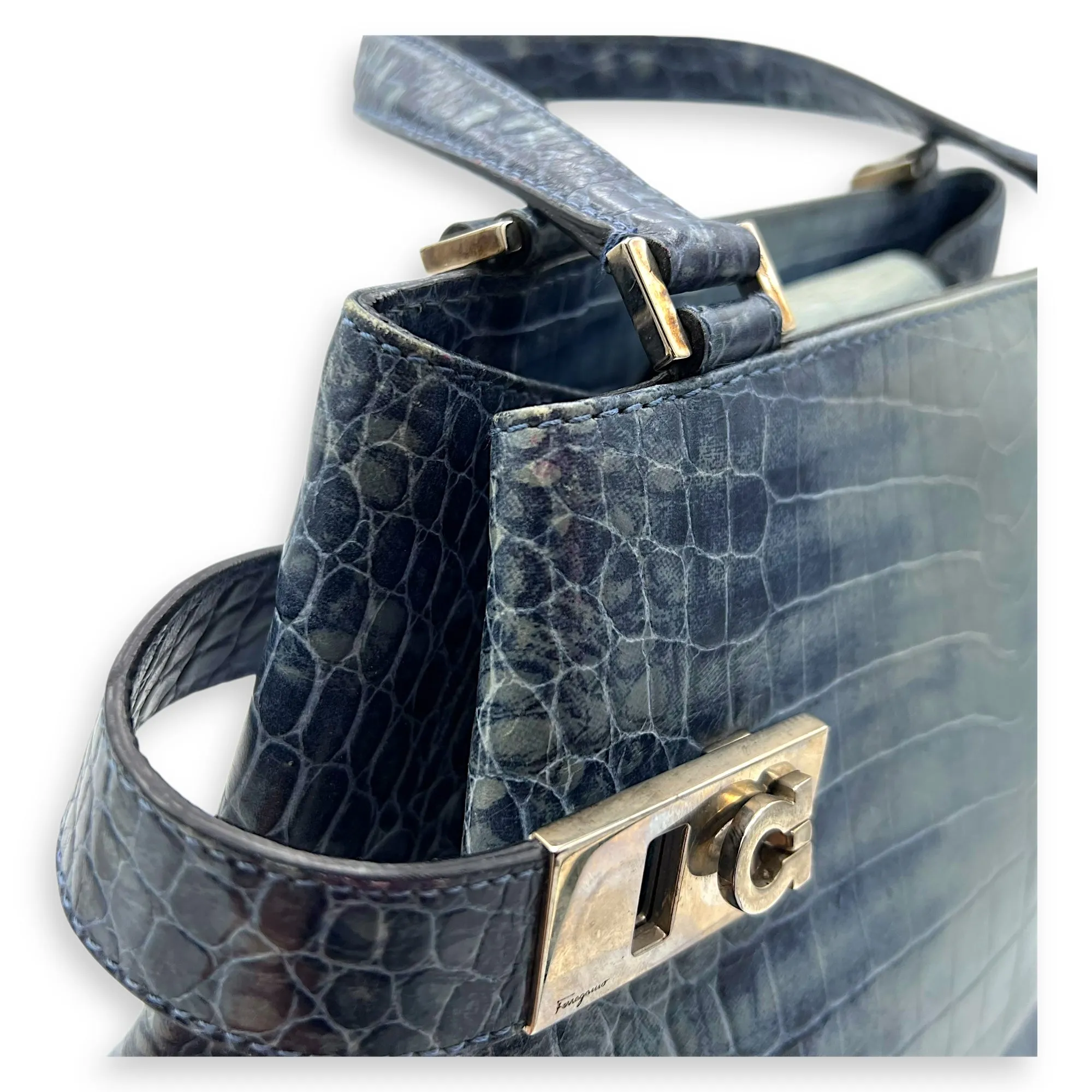 Gancini Top Handle Bag Blue in Python Embossed Calfskin, Silver hardware
