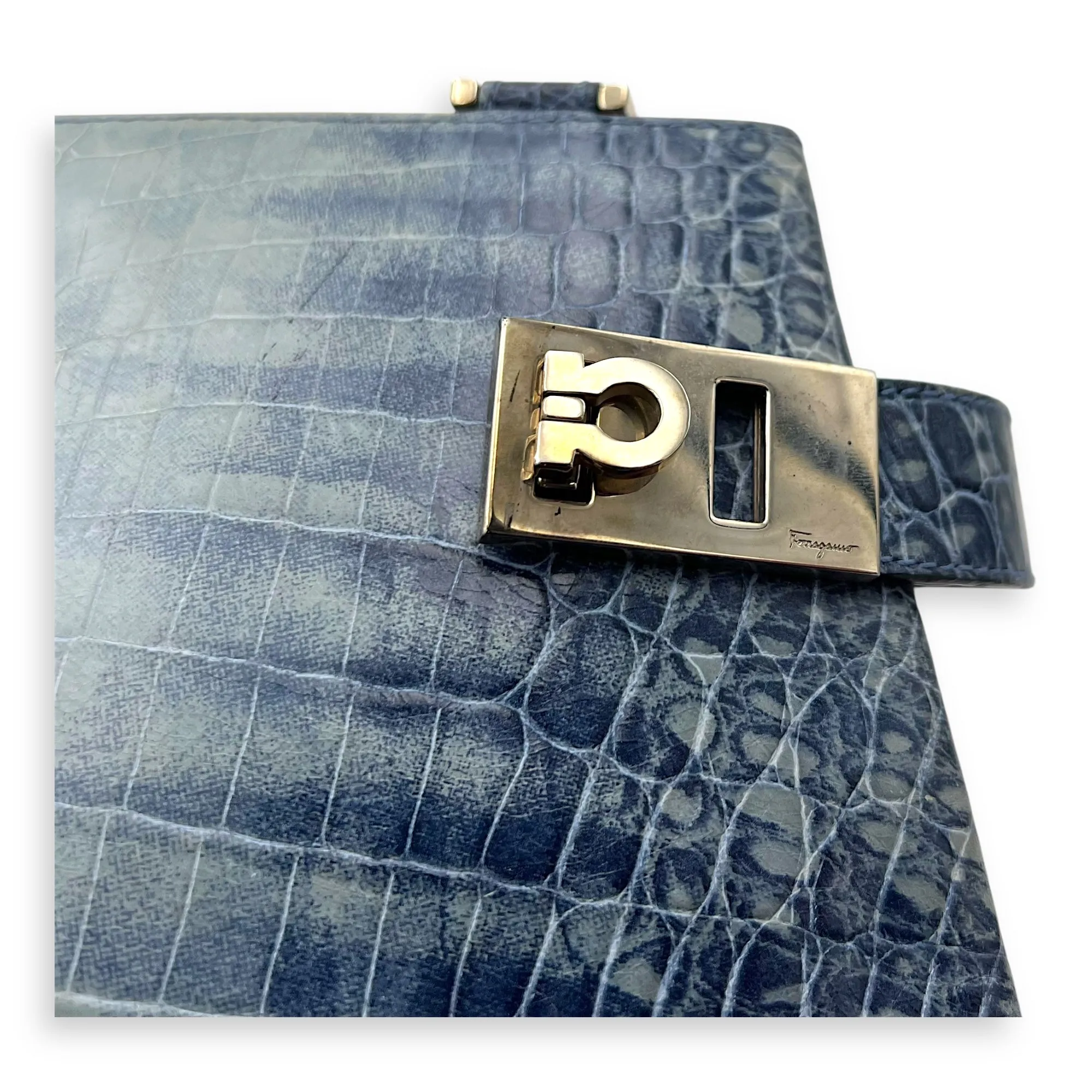 Gancini Top Handle Bag Blue in Python Embossed Calfskin, Silver hardware