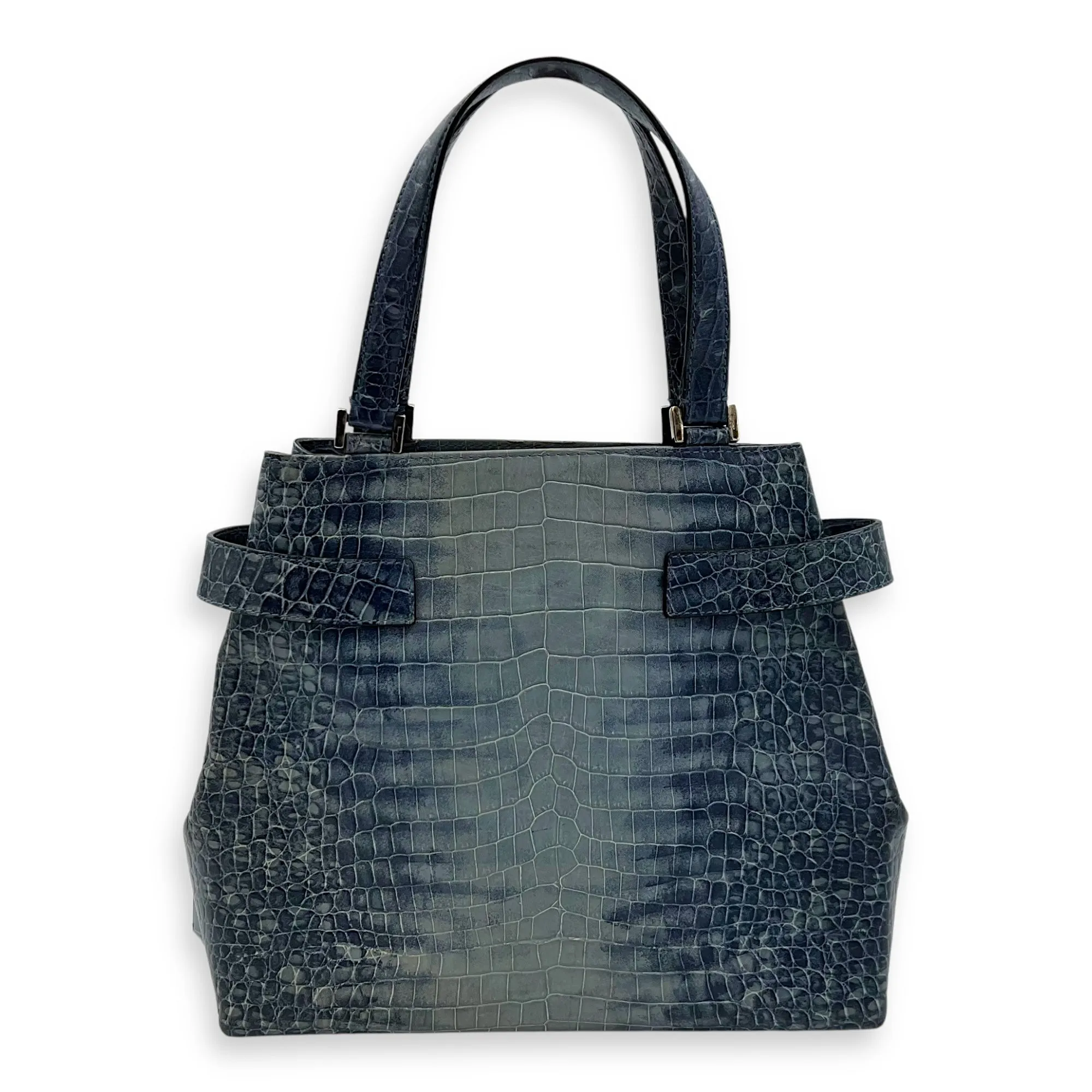 Gancini Top Handle Bag Blue in Python Embossed Calfskin, Silver hardware