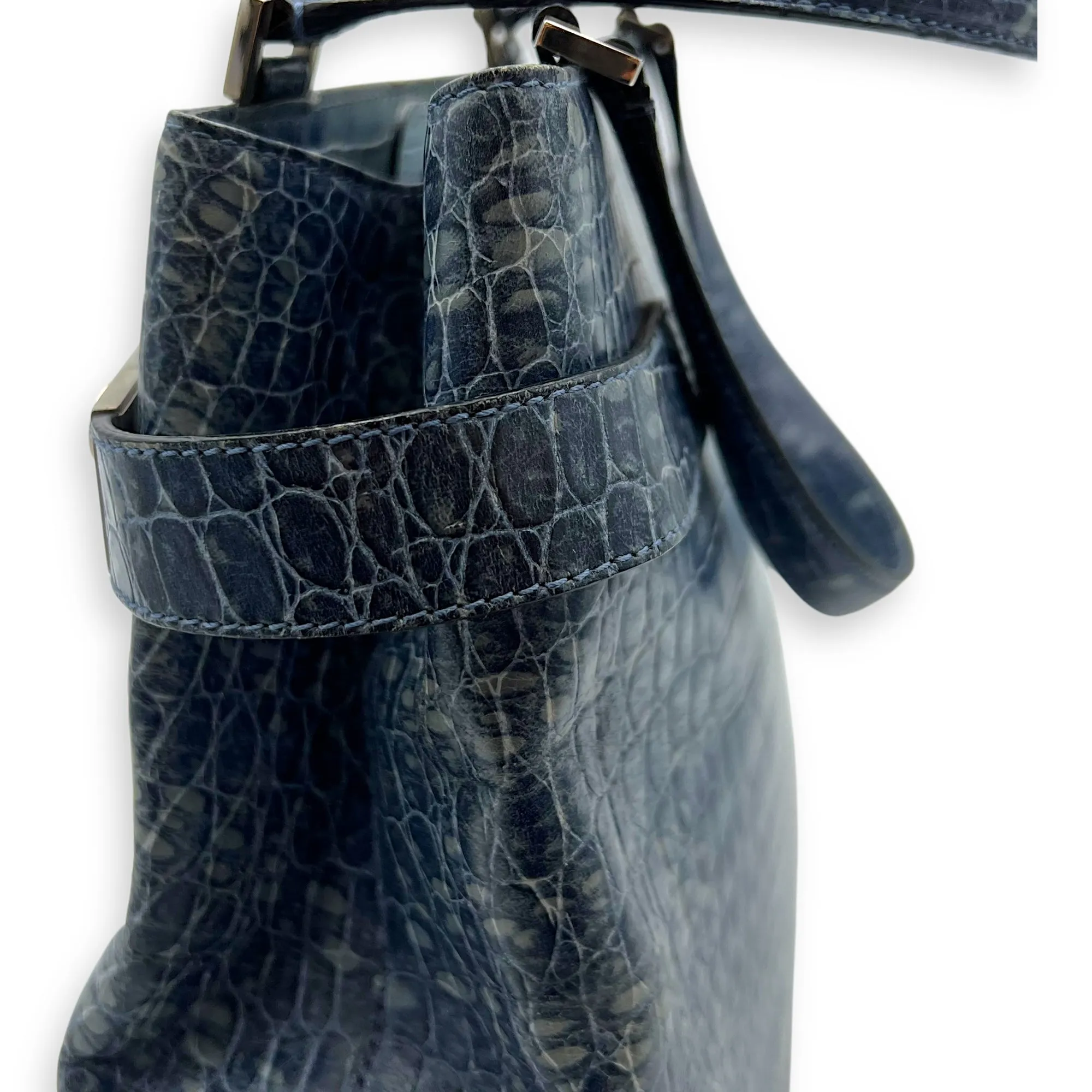 Gancini Top Handle Bag Blue in Python Embossed Calfskin, Silver hardware