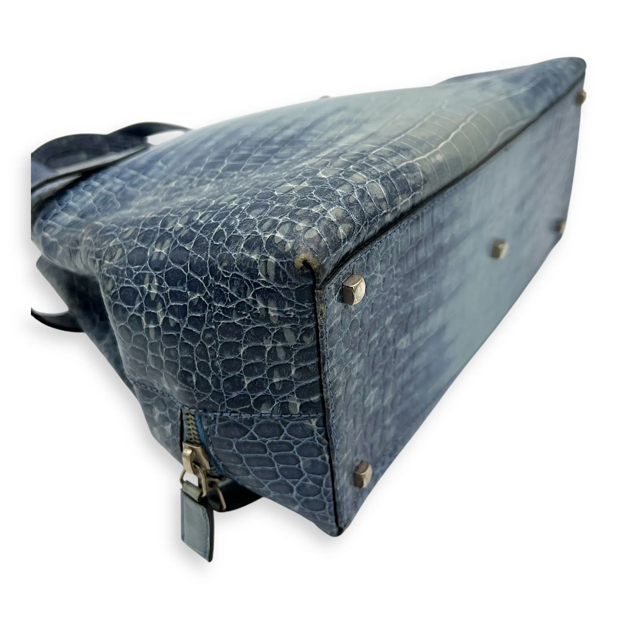 Gancini Top Handle Bag Blue in Python Embossed Calfskin, Silver hardware