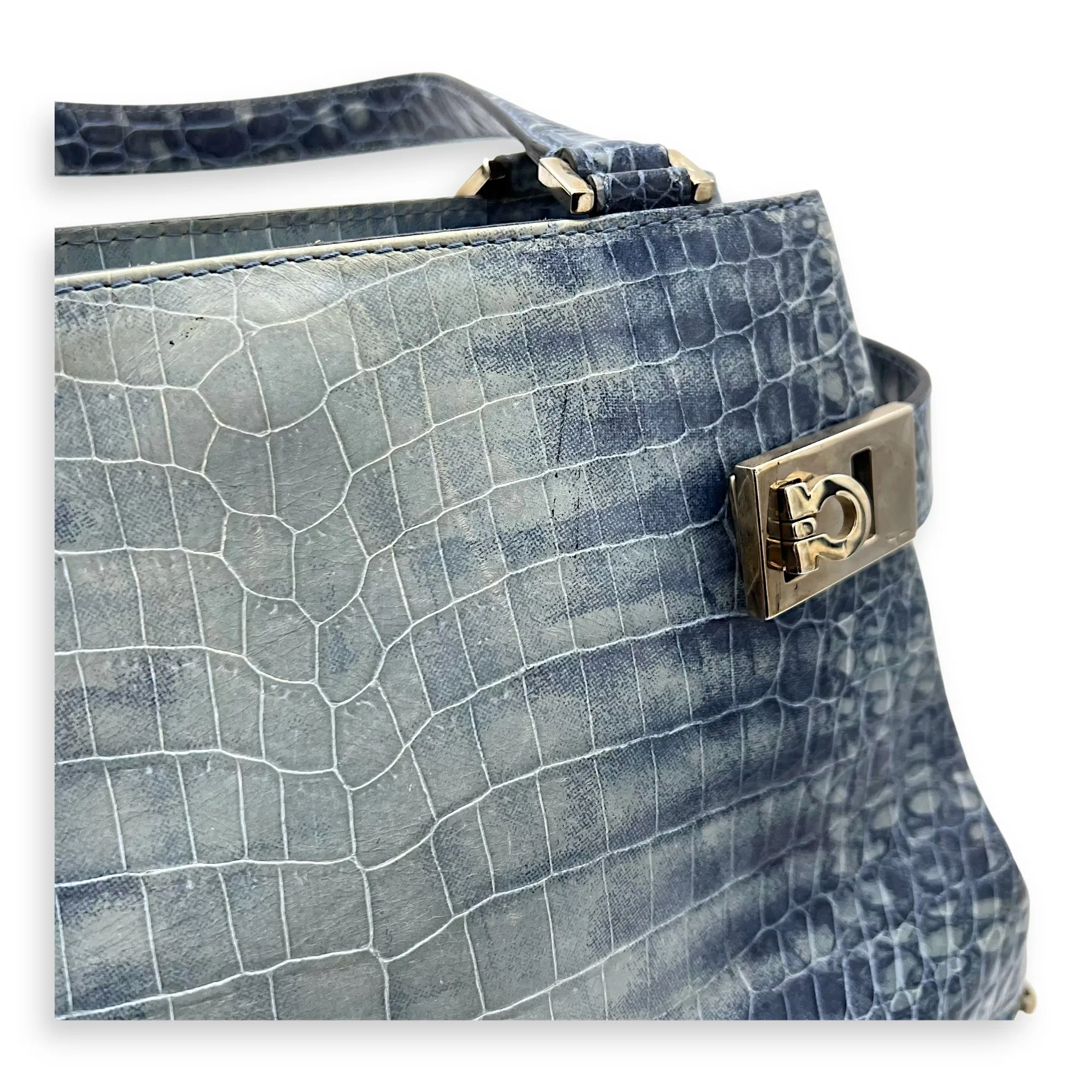 Gancini Top Handle Bag Blue in Python Embossed Calfskin, Silver hardware