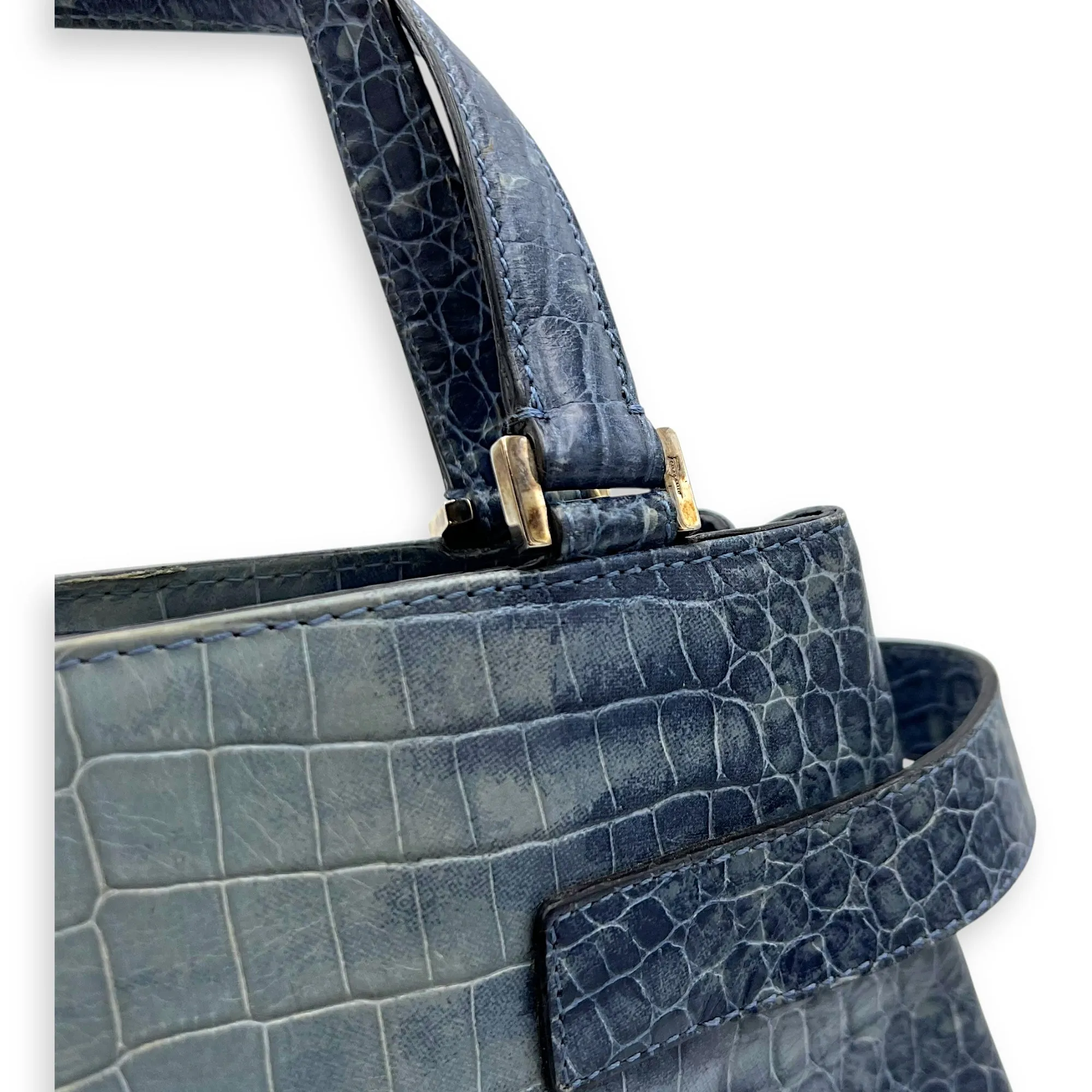 Gancini Top Handle Bag Blue in Python Embossed Calfskin, Silver hardware