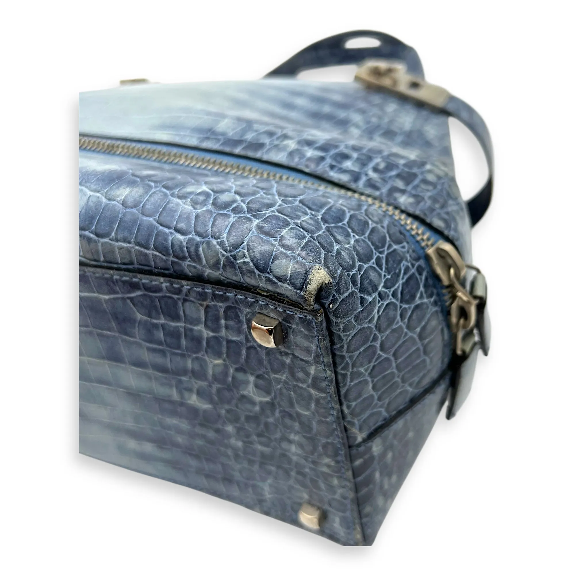 Gancini Top Handle Bag Blue in Python Embossed Calfskin, Silver hardware