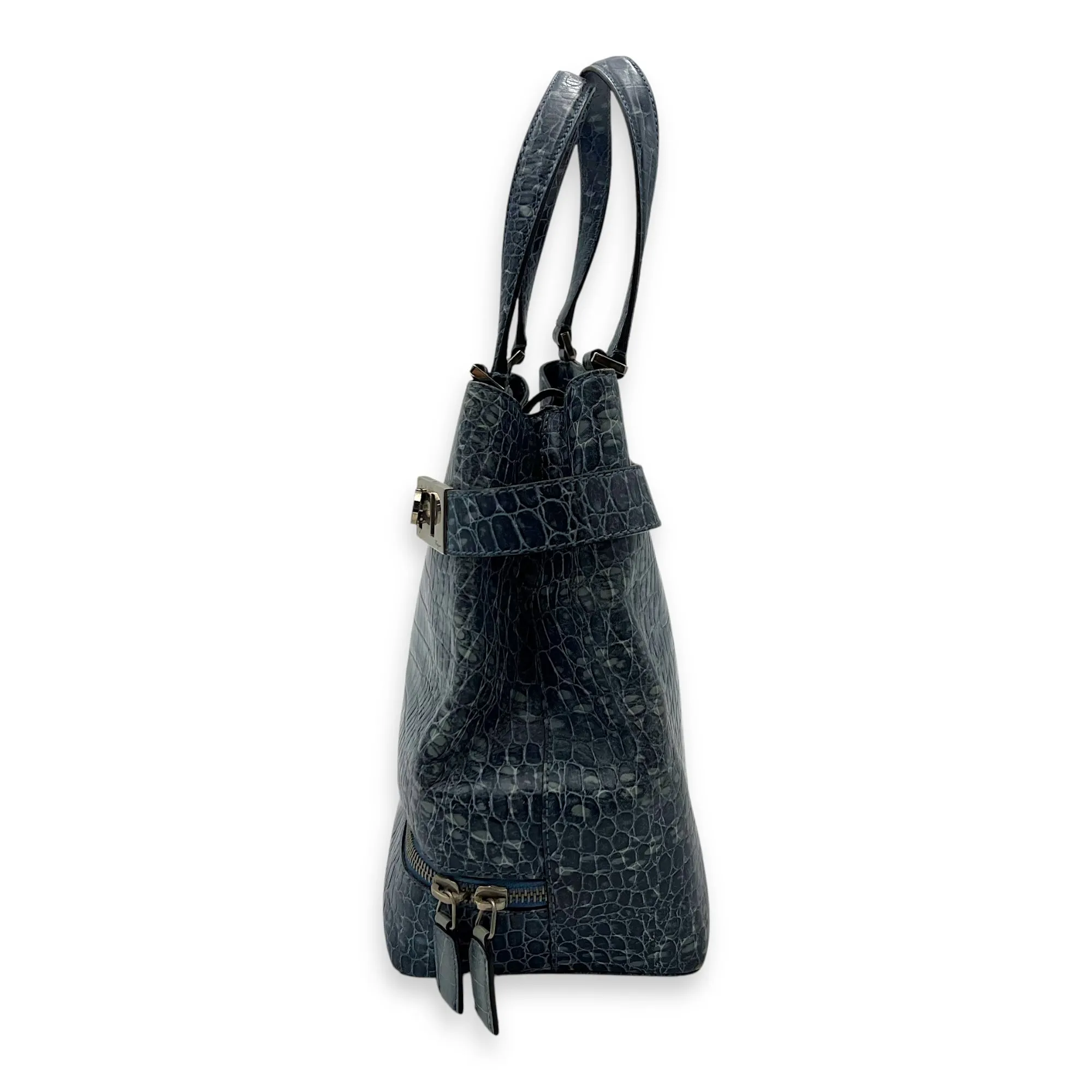 Gancini Top Handle Bag Blue in Python Embossed Calfskin, Silver hardware