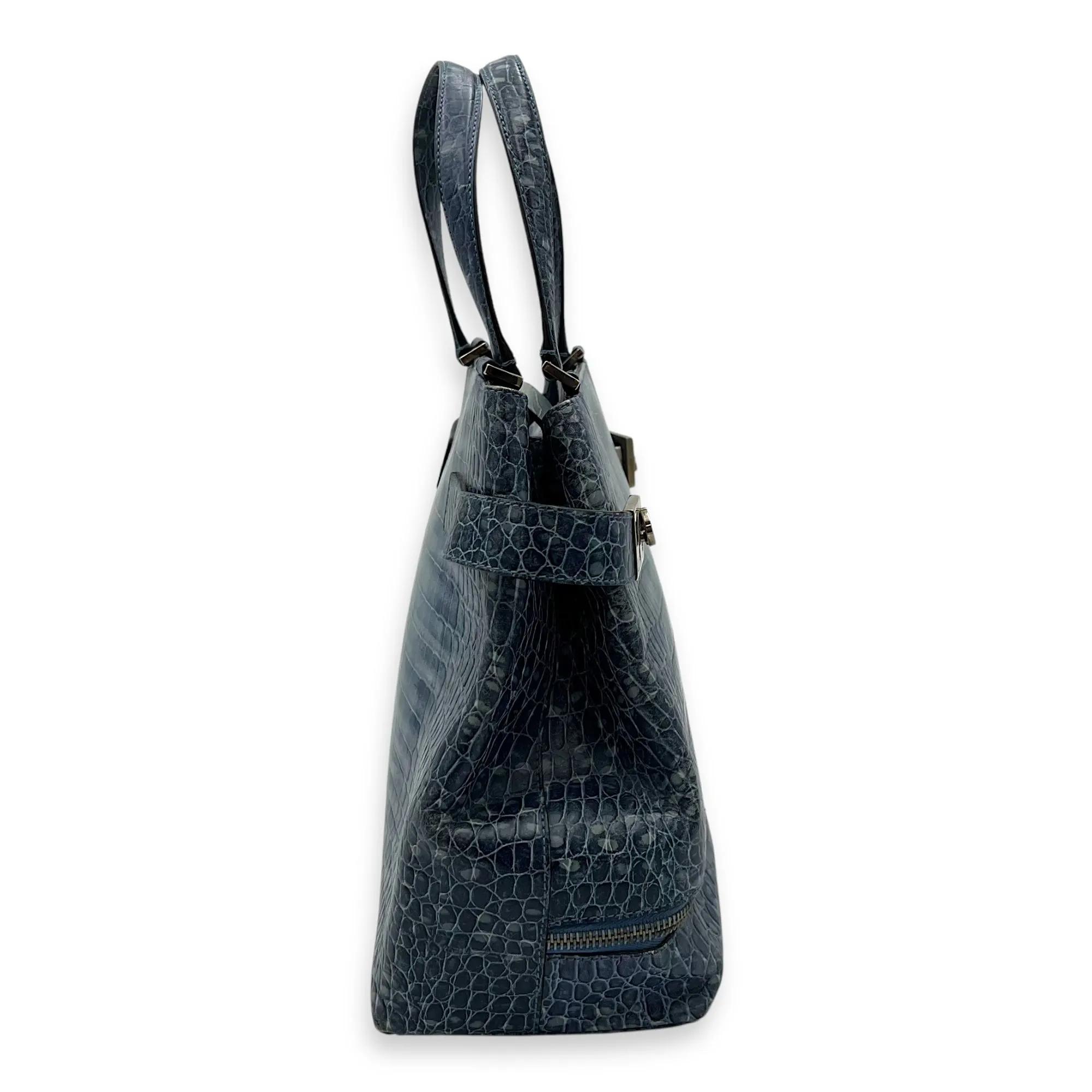 Gancini Top Handle Bag Blue in Python Embossed Calfskin, Silver hardware
