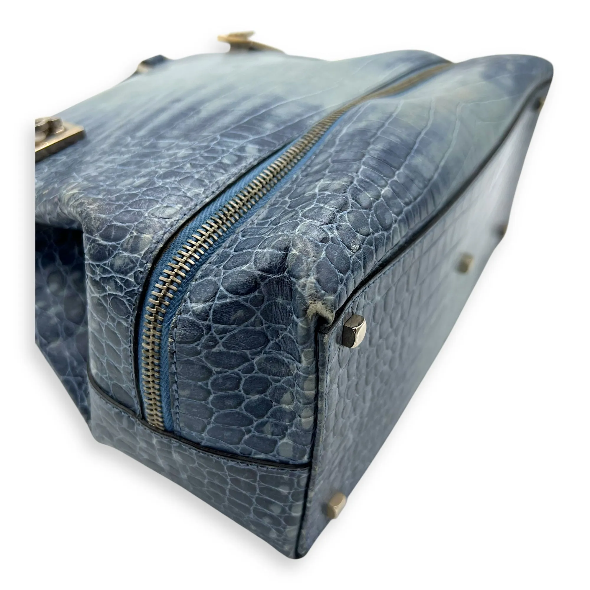 Gancini Top Handle Bag Blue in Python Embossed Calfskin, Silver hardware