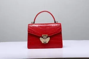 Genuine Crocodile  Leather Top Handle Cross Body Bag Red