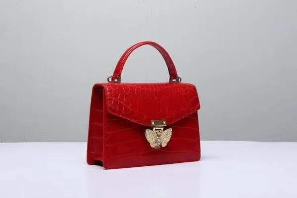 Genuine Crocodile  Leather Top Handle Cross Body Bag Red