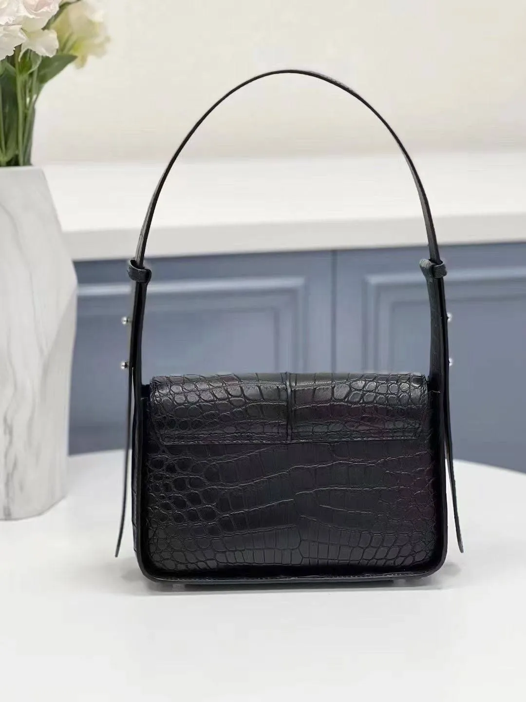 Genuine Crocodile Leather Womens  Underarm Shoulder Bag Black