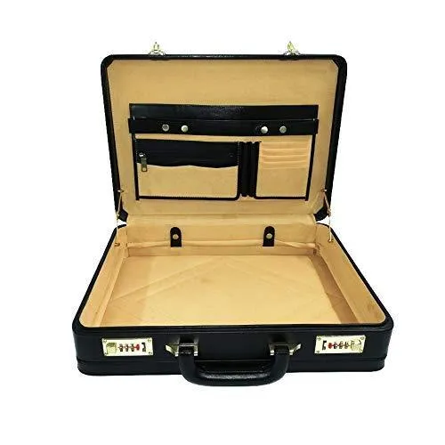 Genuine Leather Attache Business Handbag Leather Briefcase 1 Inch Expandable for Men (Black)