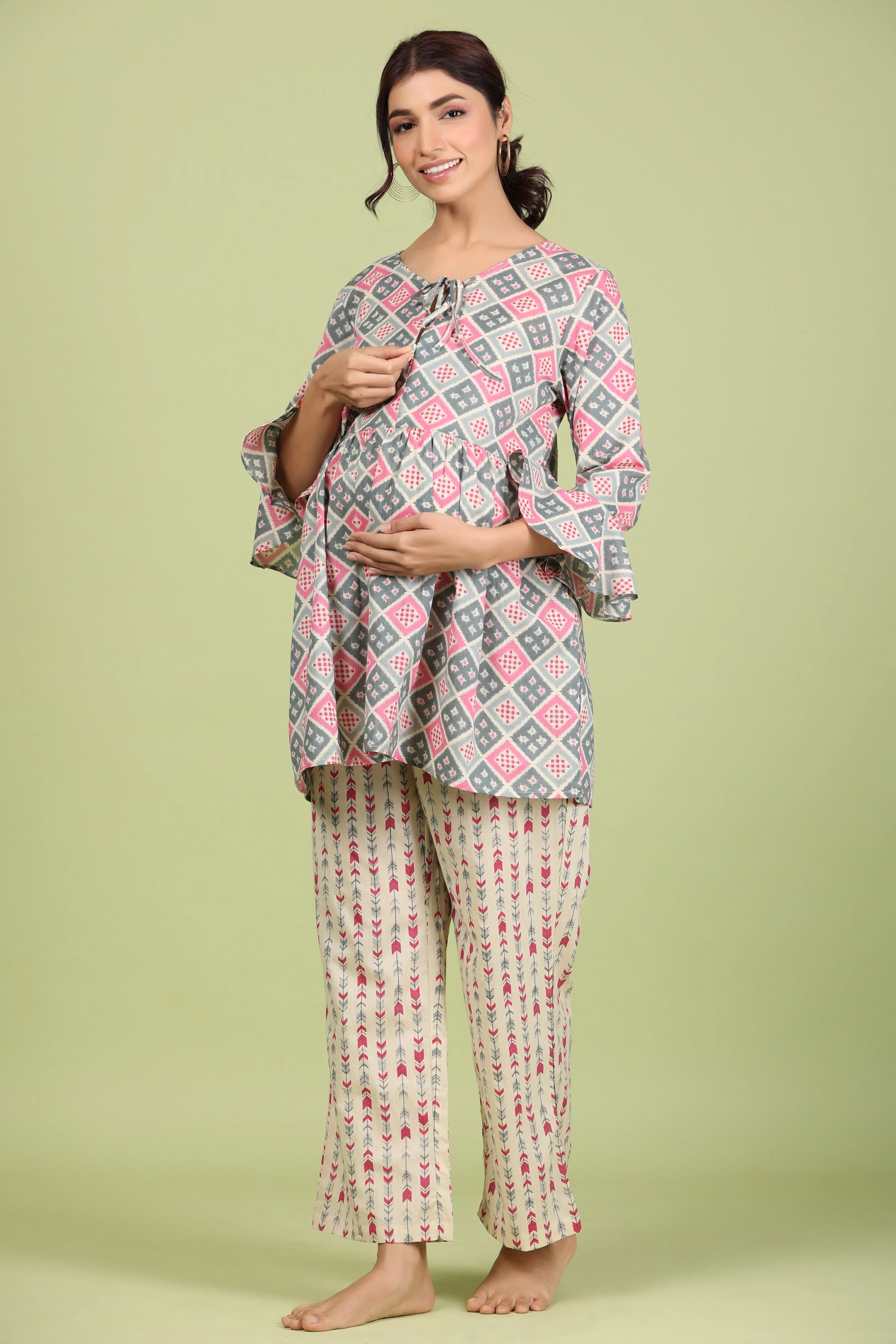 Geometrical Print on Grey Maternity Feeding Peplum Lounge Set