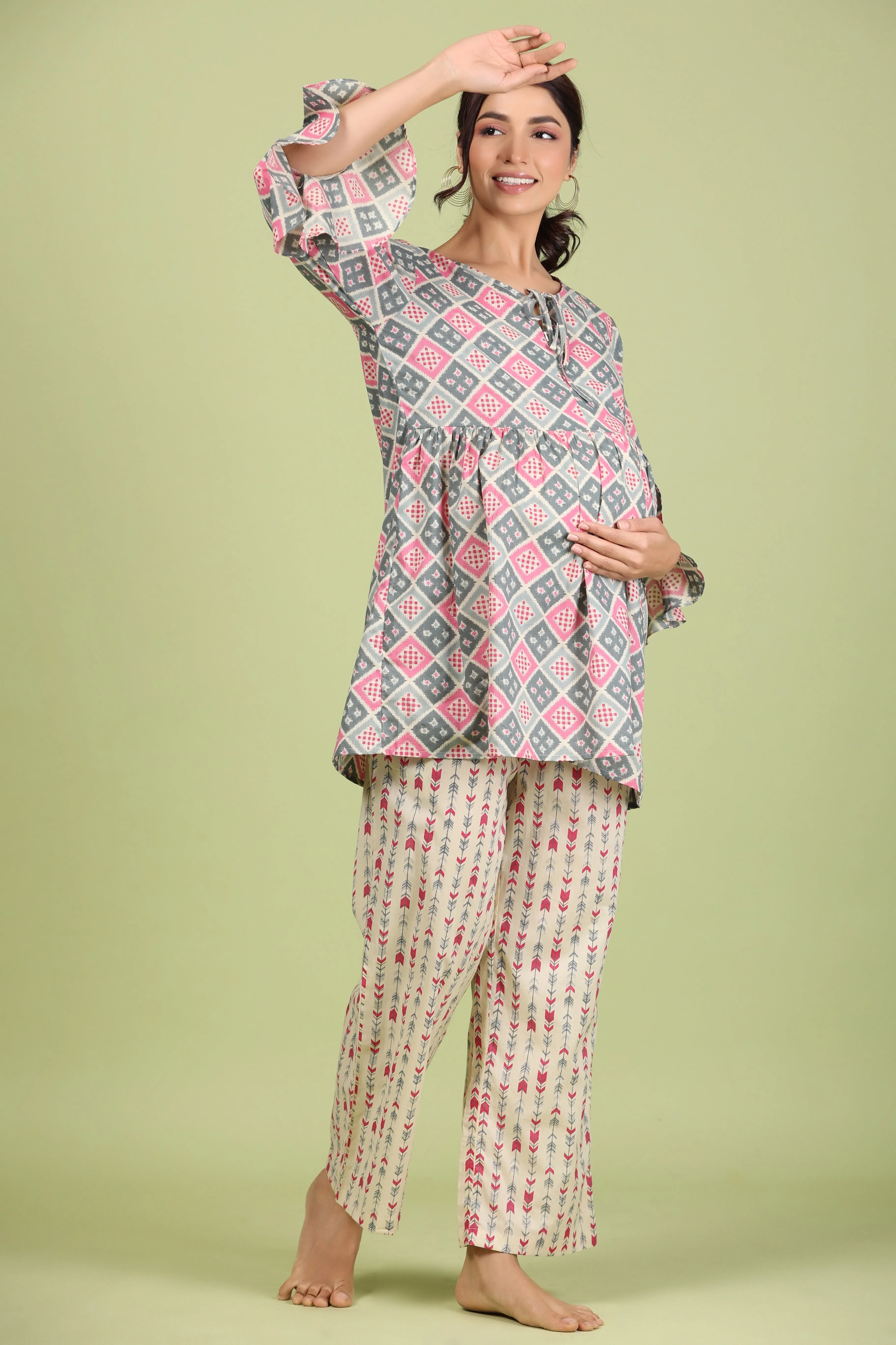 Geometrical Print on Grey Maternity Feeding Peplum Lounge Set