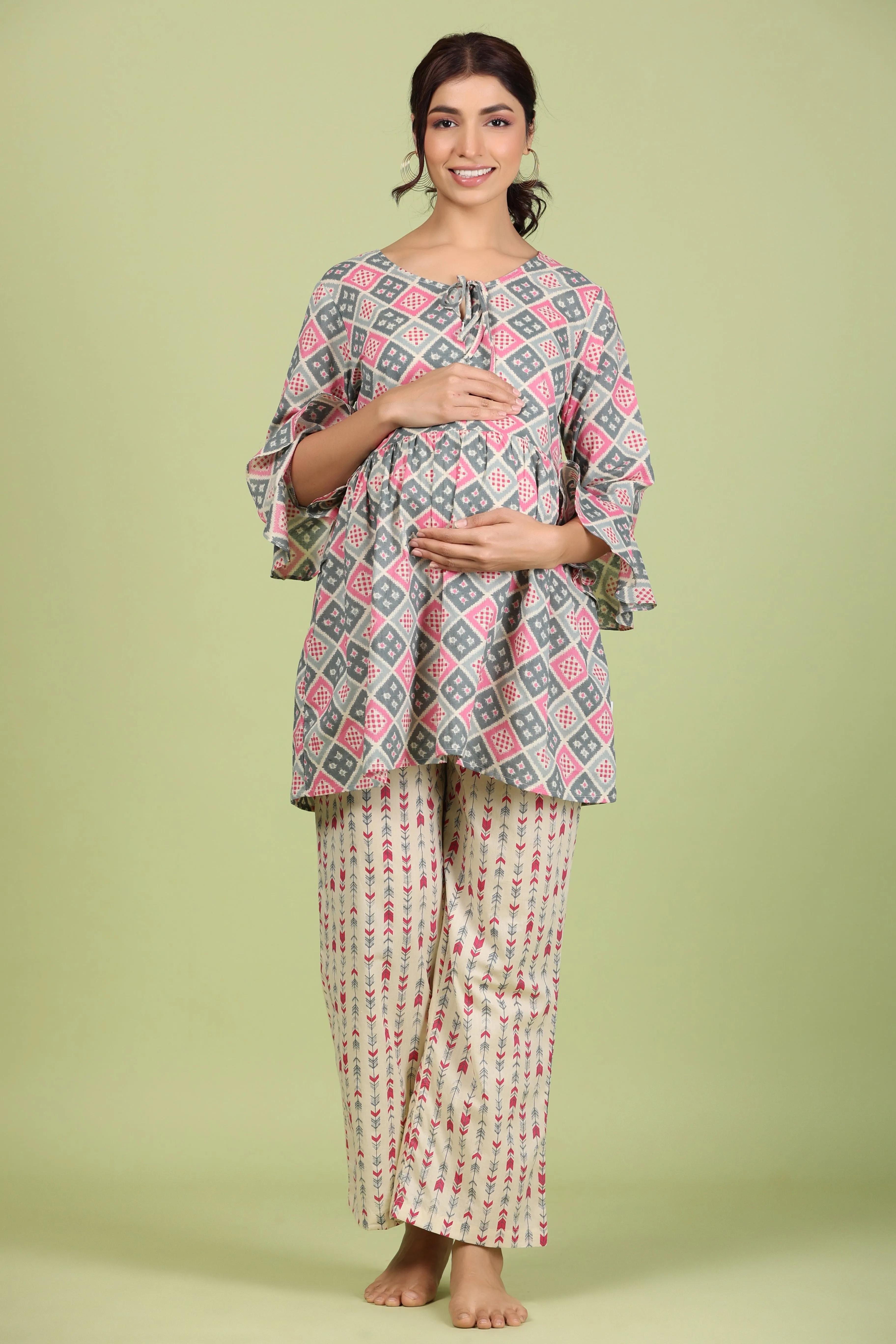 Geometrical Print on Grey Maternity Feeding Peplum Lounge Set