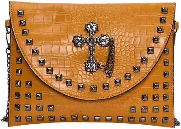 Gothic Riveted Crucifix Envelope Clutch Bag, PU Leather Studded Shoulder Bag, Women Fashion Chain Crossbody Bag Purse