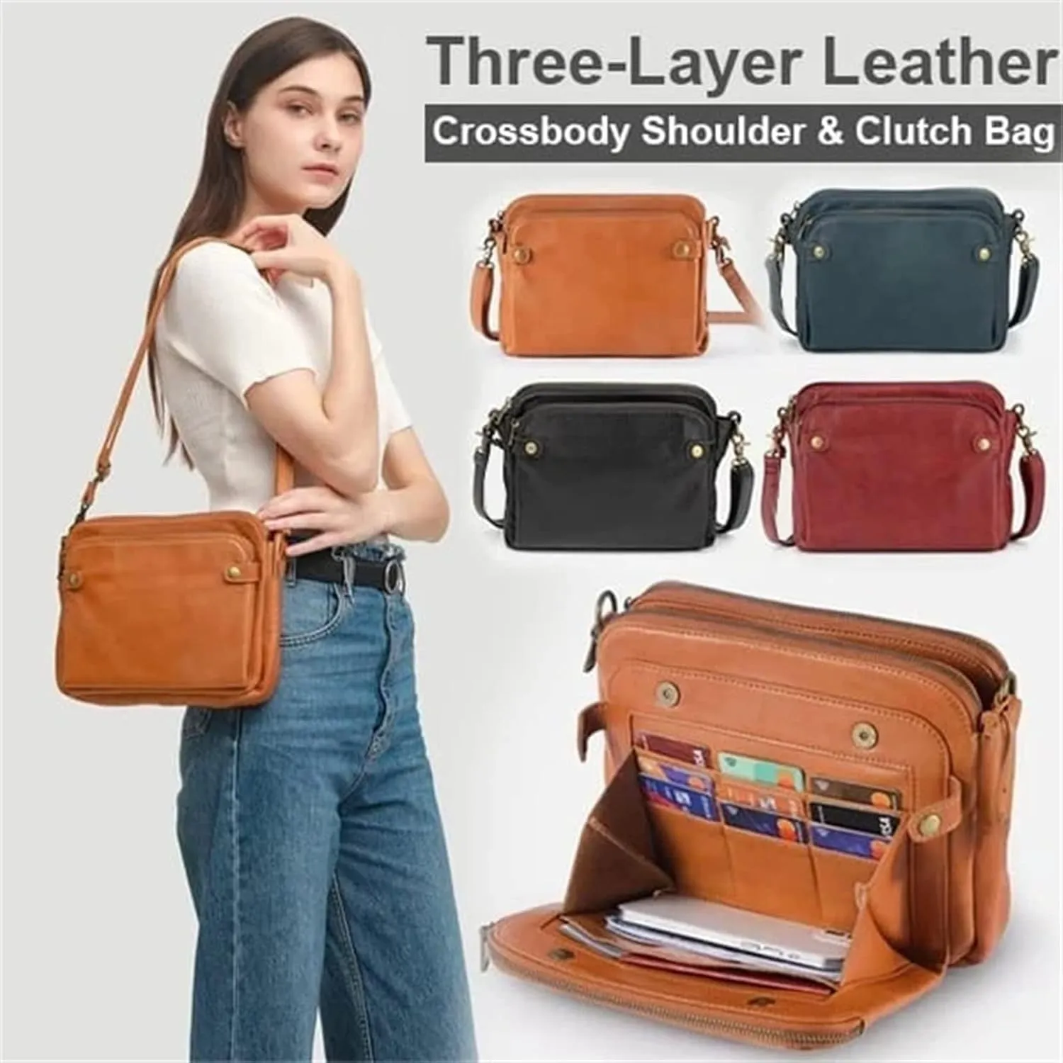 Gpmsign Fashion Anti Theft Leather Bag - 3 Layer Crossbody PU Leather Shoulder Bags and Clutches for Women - Green