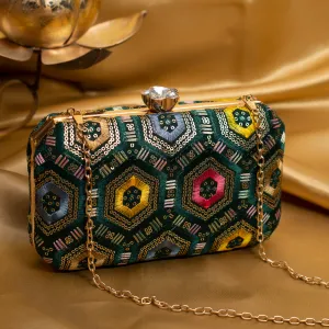 Green Rectangle Sequins Embroidery Clutch