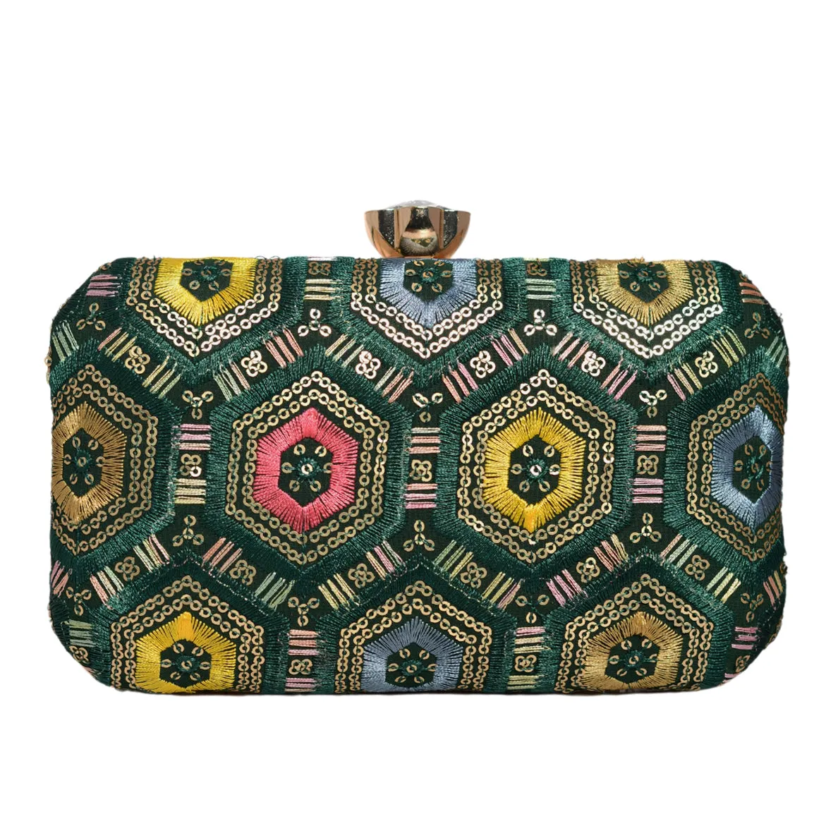 Green Rectangle Sequins Embroidery Clutch