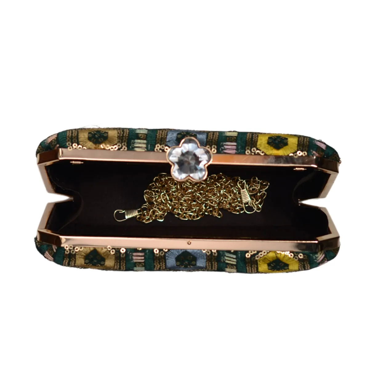 Green Rectangle Sequins Embroidery Clutch