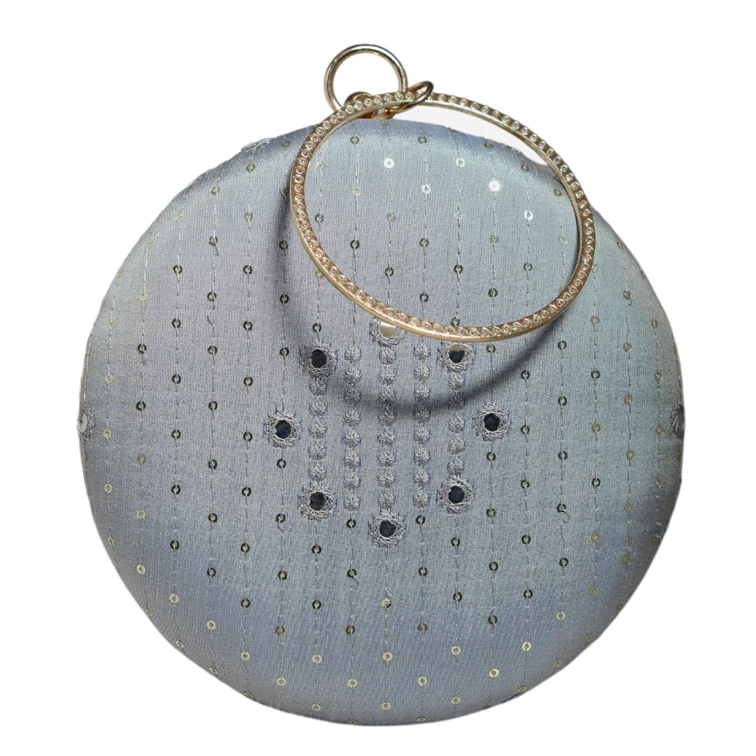 Grey Sequins And Thread Embroidery Round Clutch