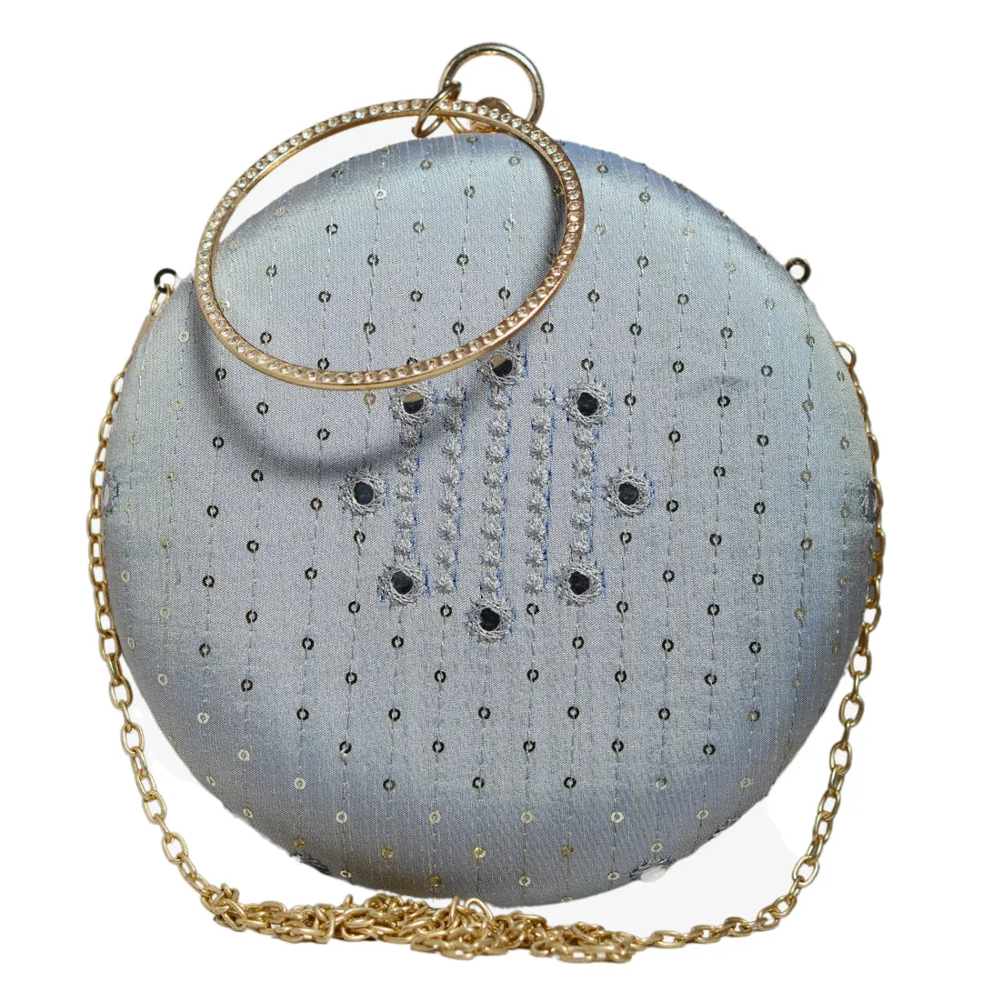 Grey Sequins And Thread Embroidery Round Clutch